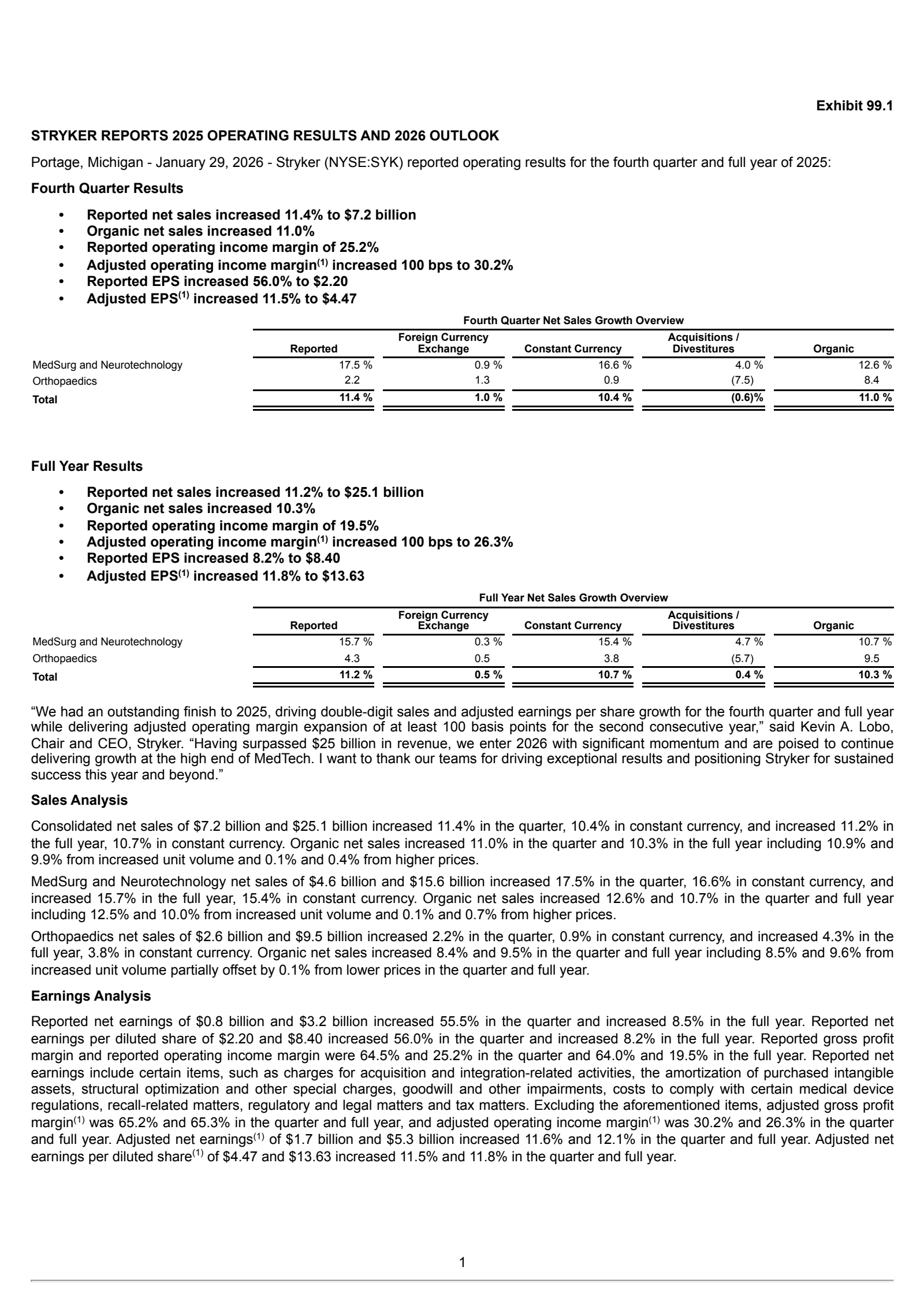 Stryker's Q4 2025 Press Release