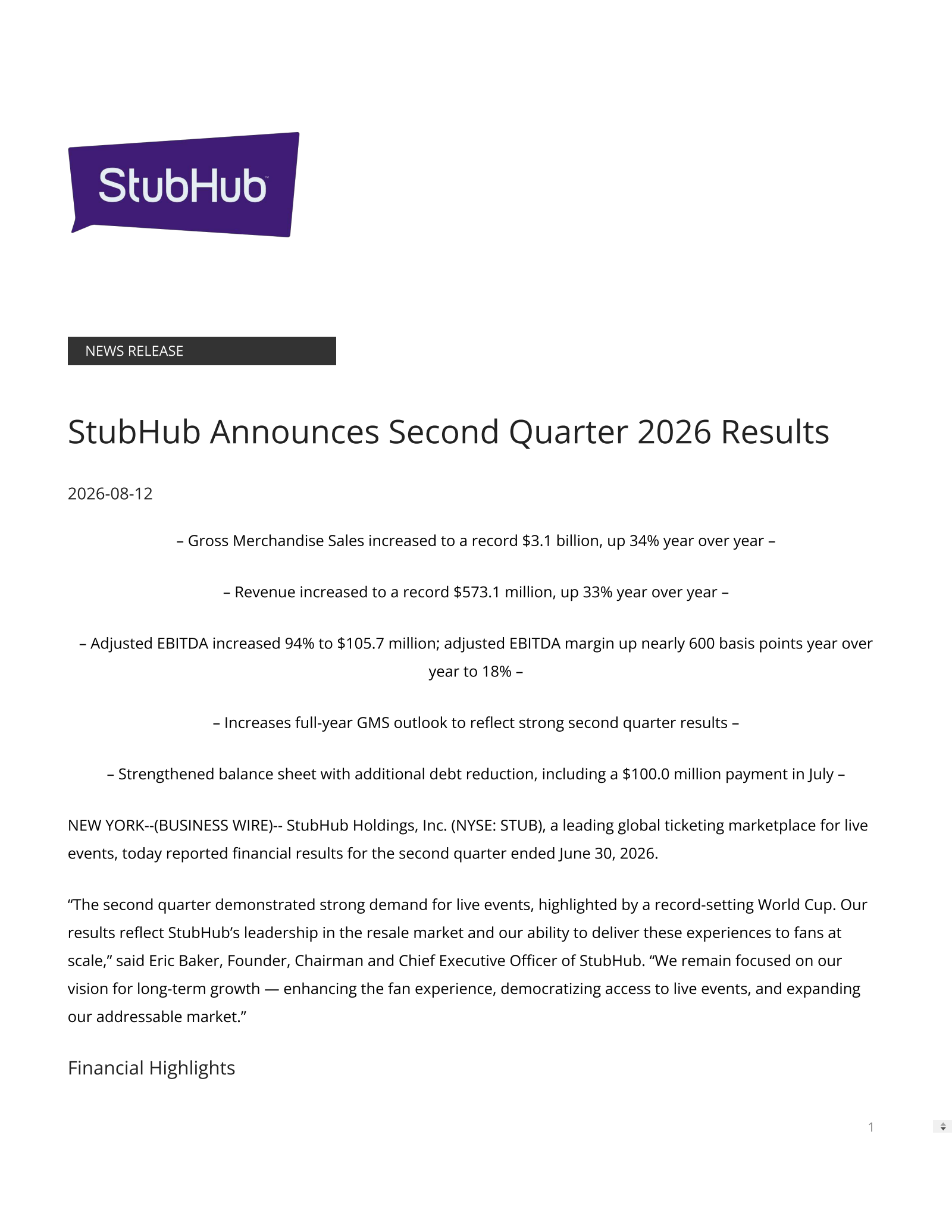 STUB's Q2 2026 Press Release