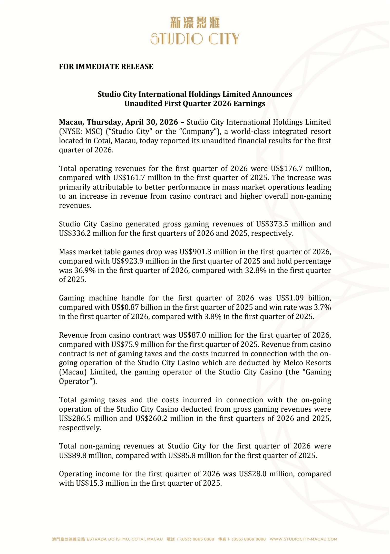 Studio City Ih's Q1 2026 Press Release