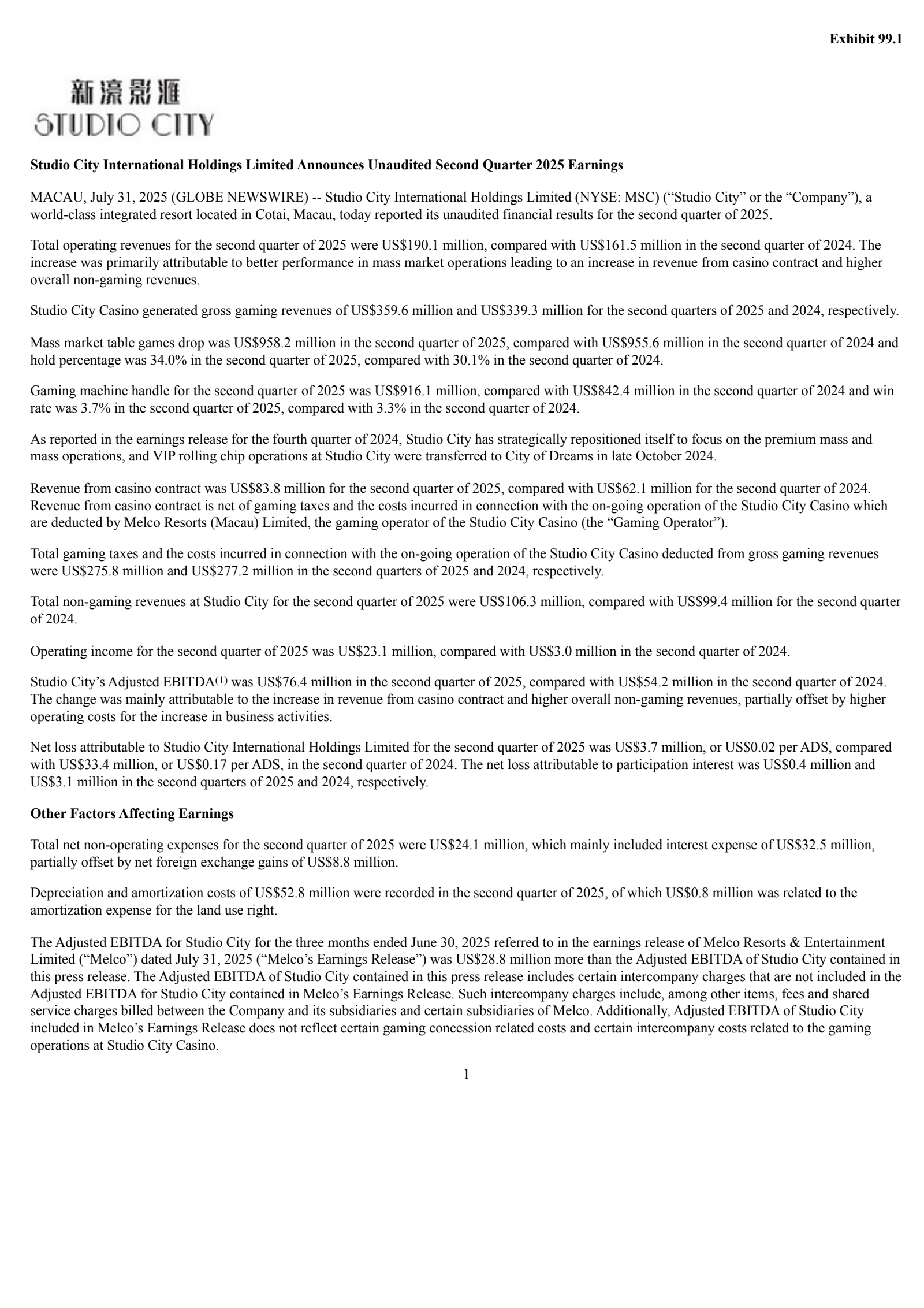 Studio City Ih's Q2 2025 Press Release