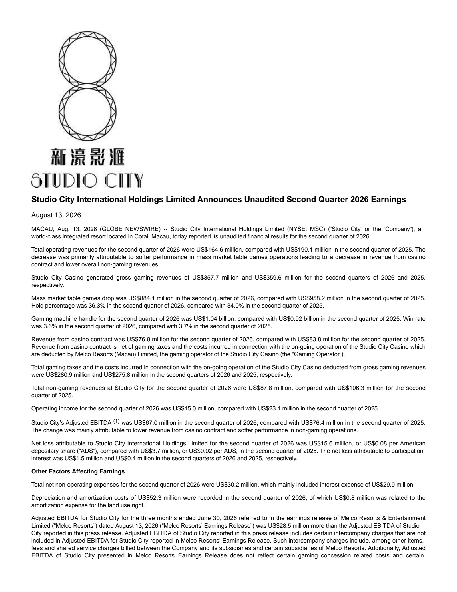 Studio City Ih's Q2 2026 Press Release
