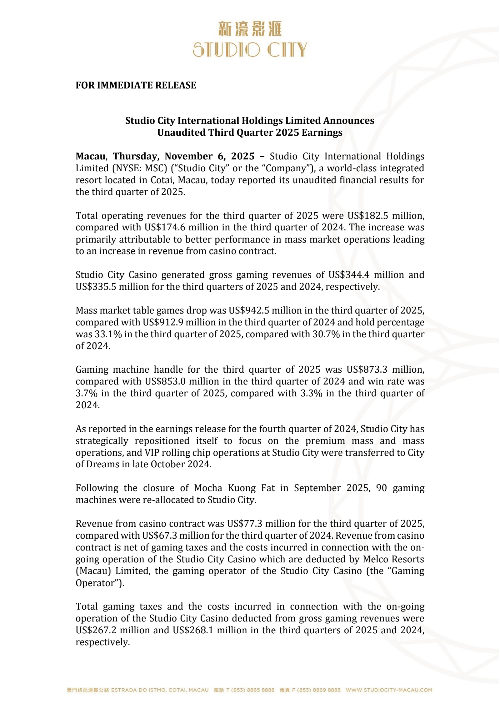 Studio City Ih's Q3 2025 Earnings Release