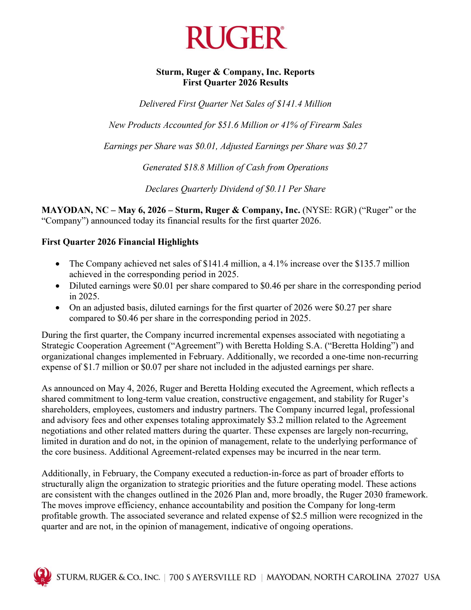 Sturm, Ruger & Company, Inc.'s Q1 2026 Press Release