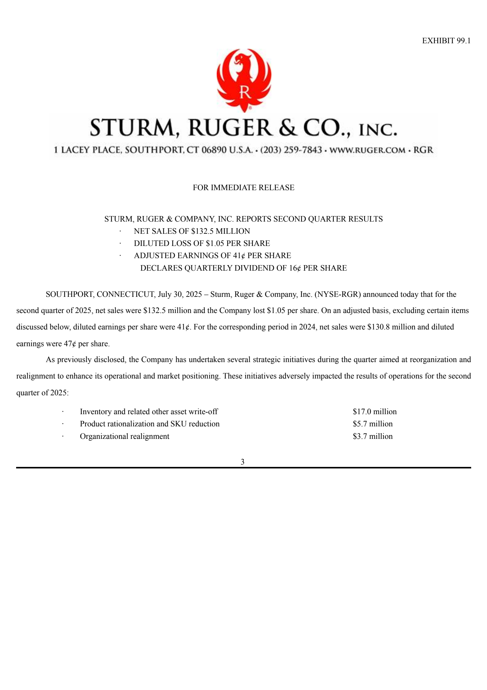 Sturm, Ruger & Company, Inc.'s Q2 2025 Press Release