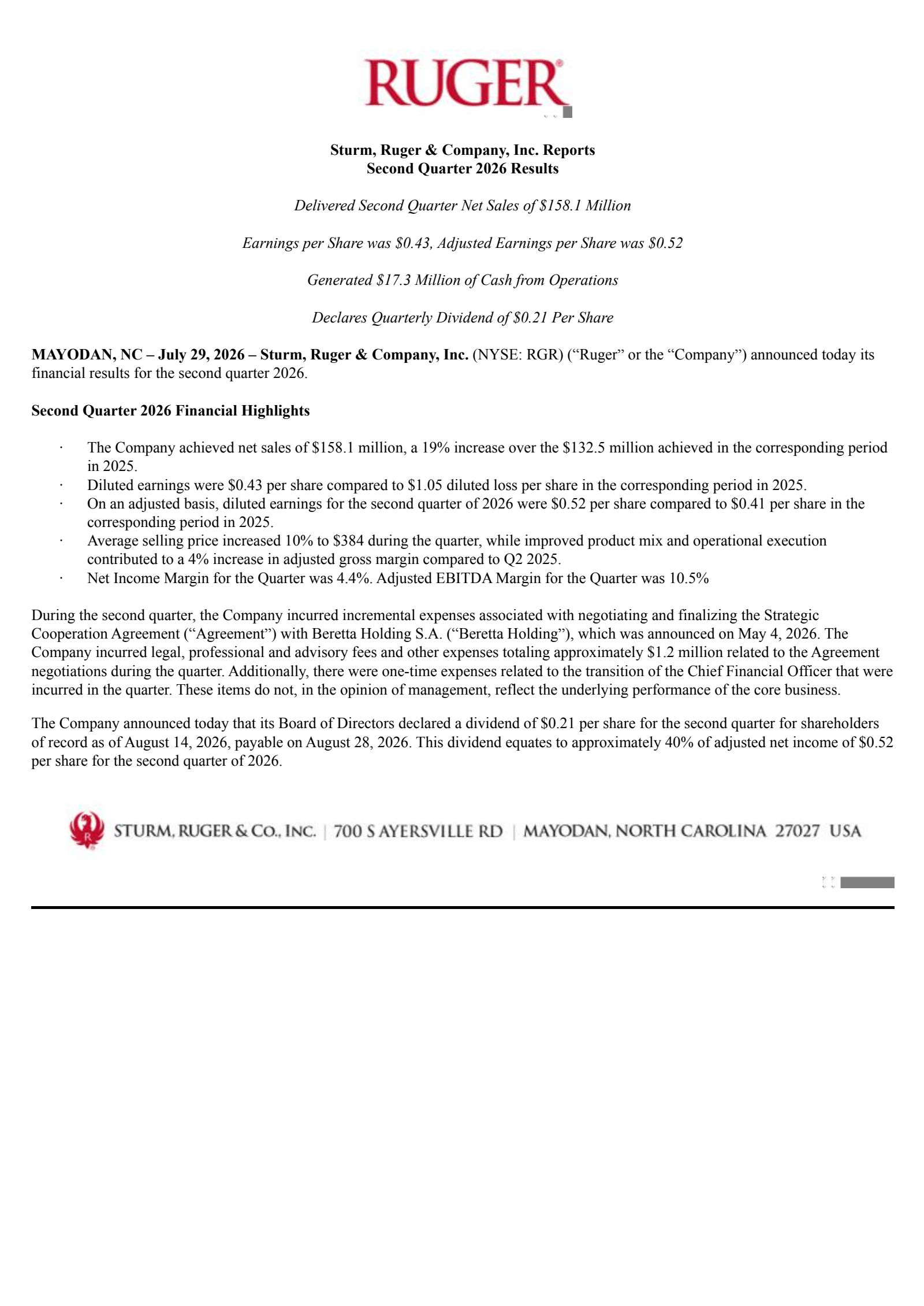 Sturm, Ruger & Company, Inc.'s Q2 2026 Press Release