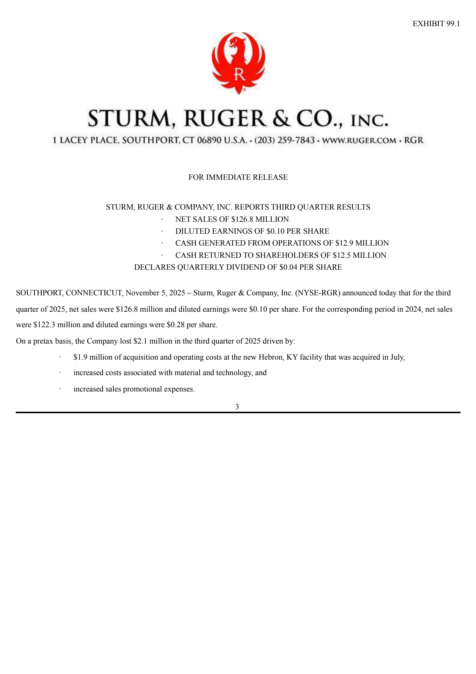 Sturm, Ruger & Company, Inc.'s Q3 2025 Earnings Release