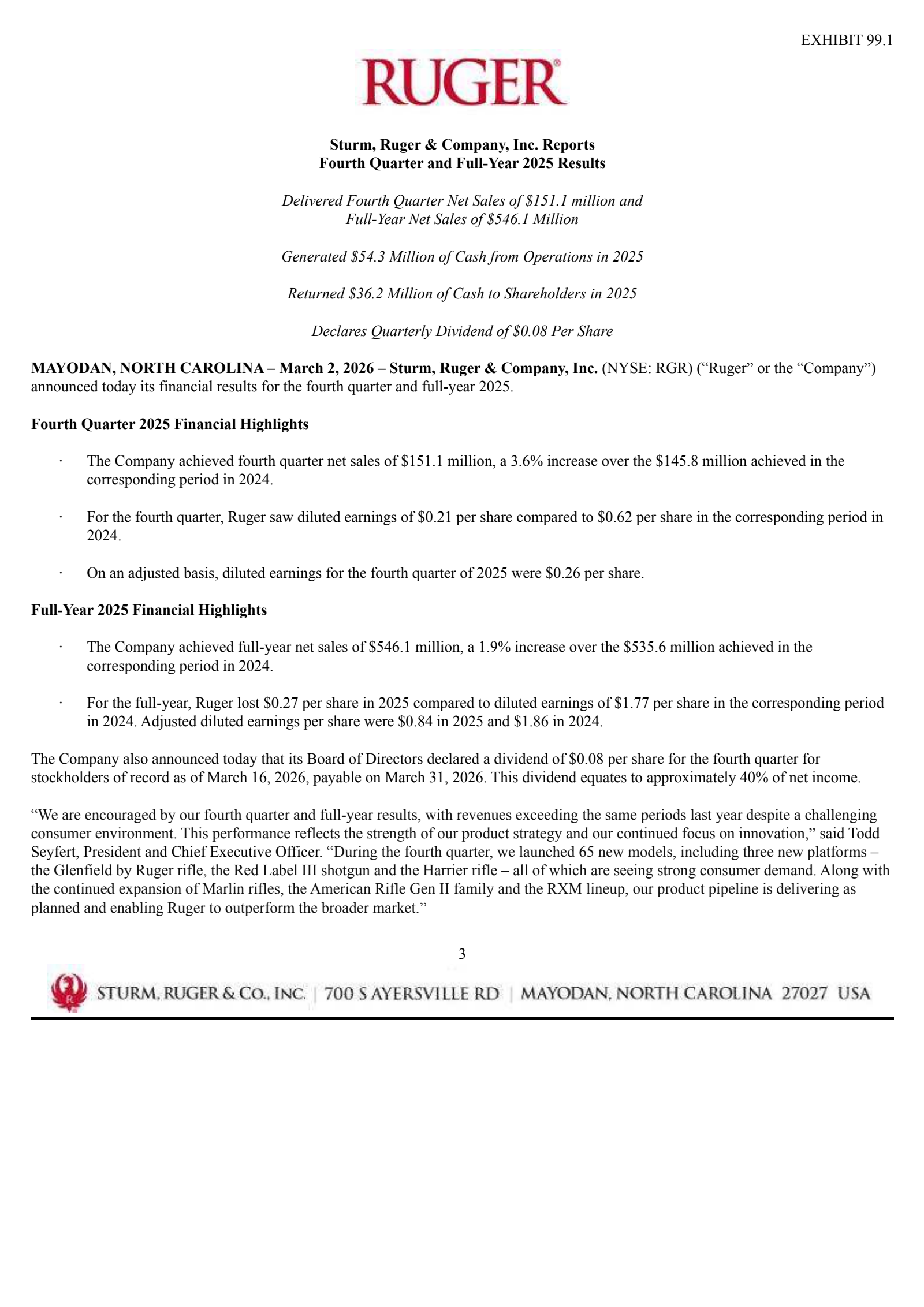 Sturm, Ruger & Company, Inc.'s Q4 2025 Press Release
