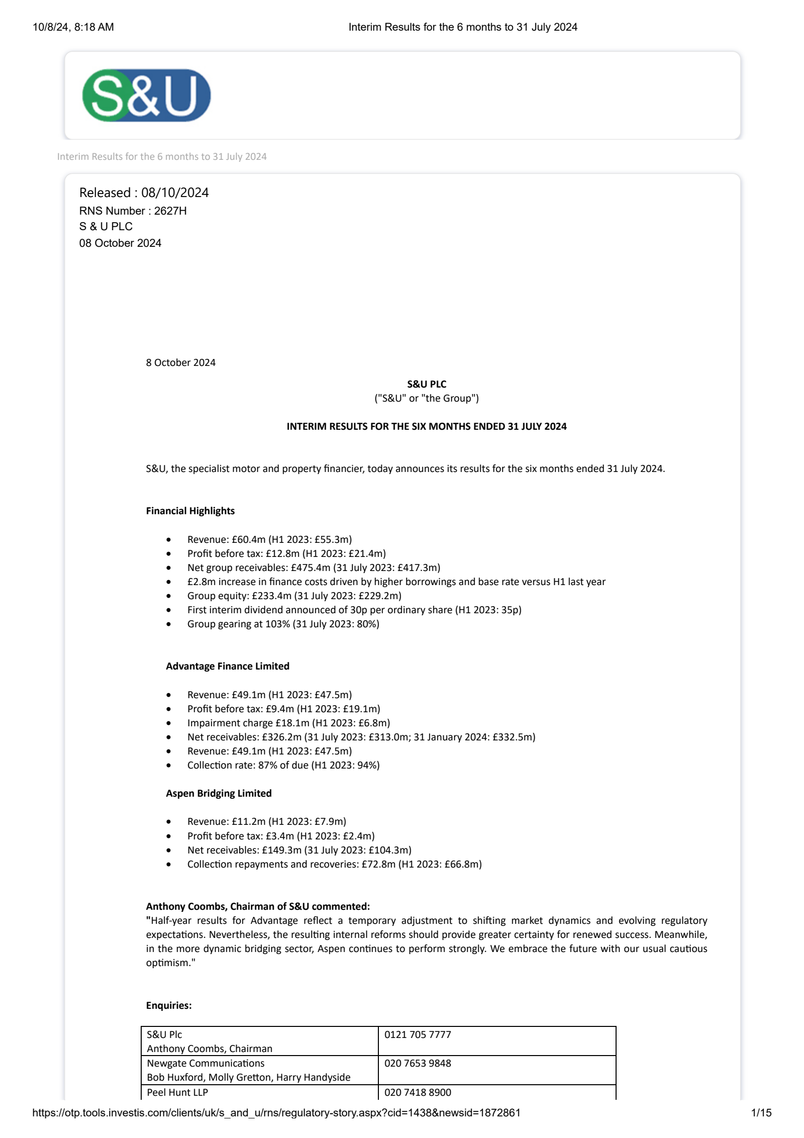 S&U's H1 2025 Interim report