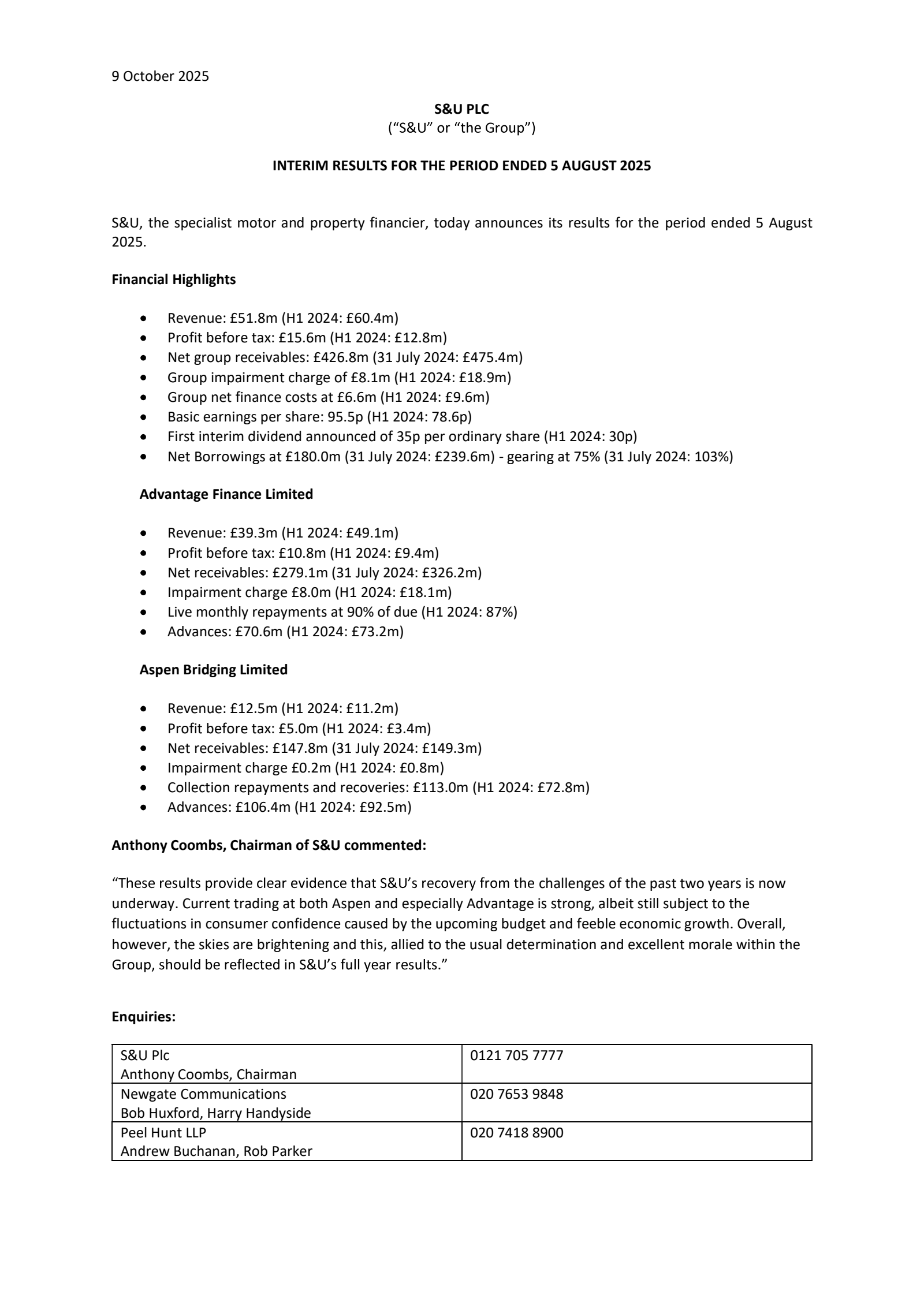 S&U's H1 2026 Interim Report