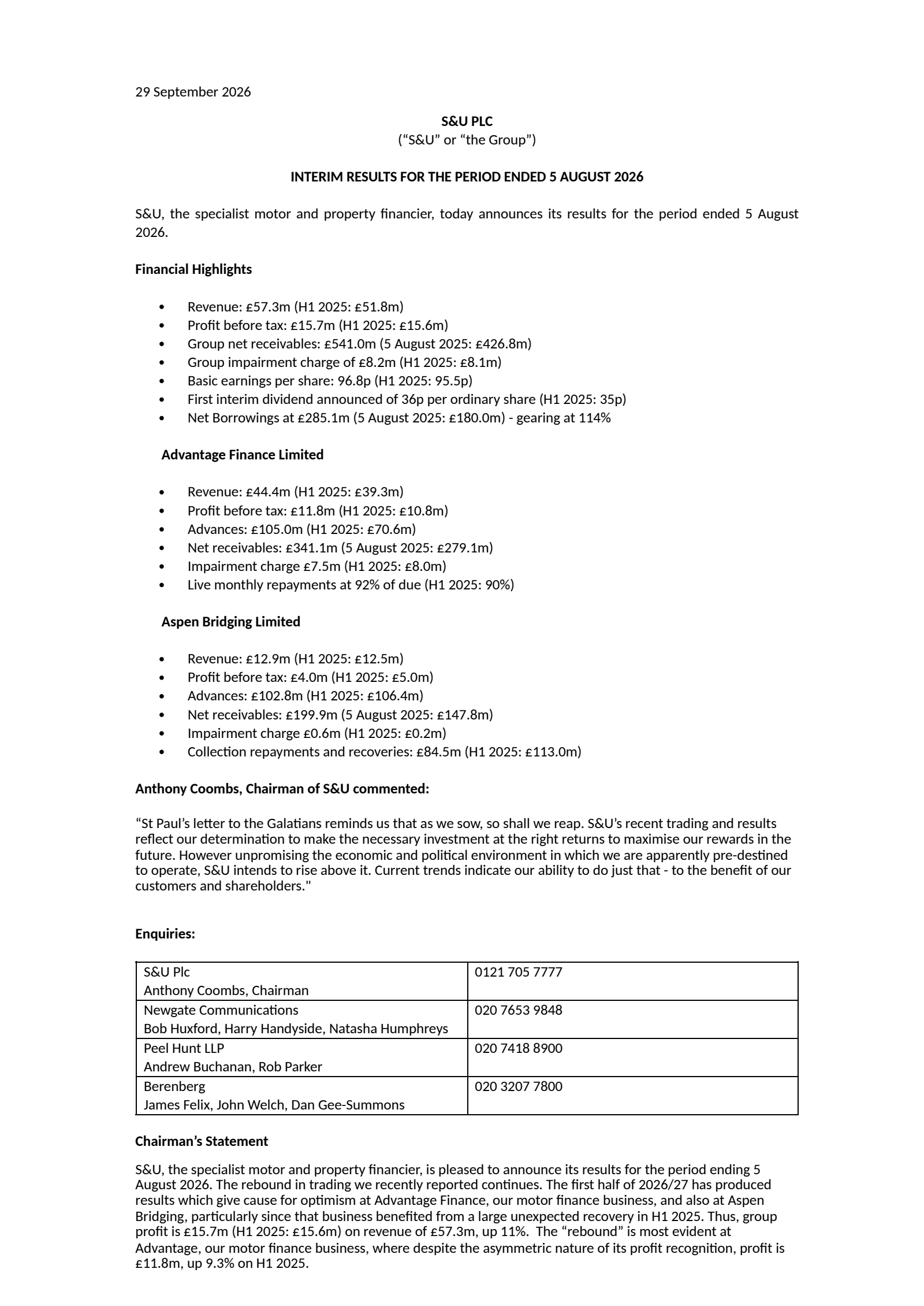 S&U's H1 2027 Interim report