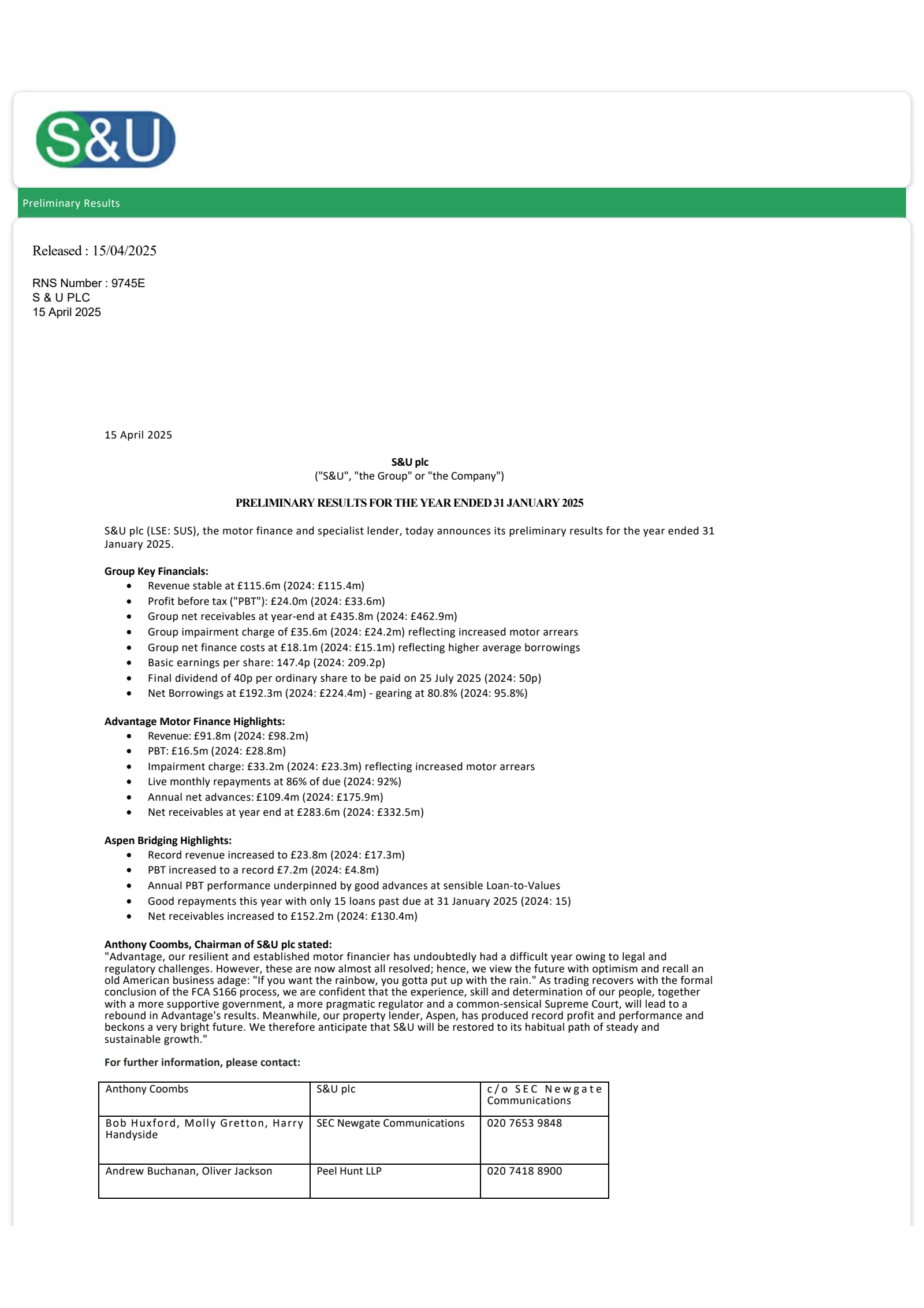 S&U's H2 2025 Press Release