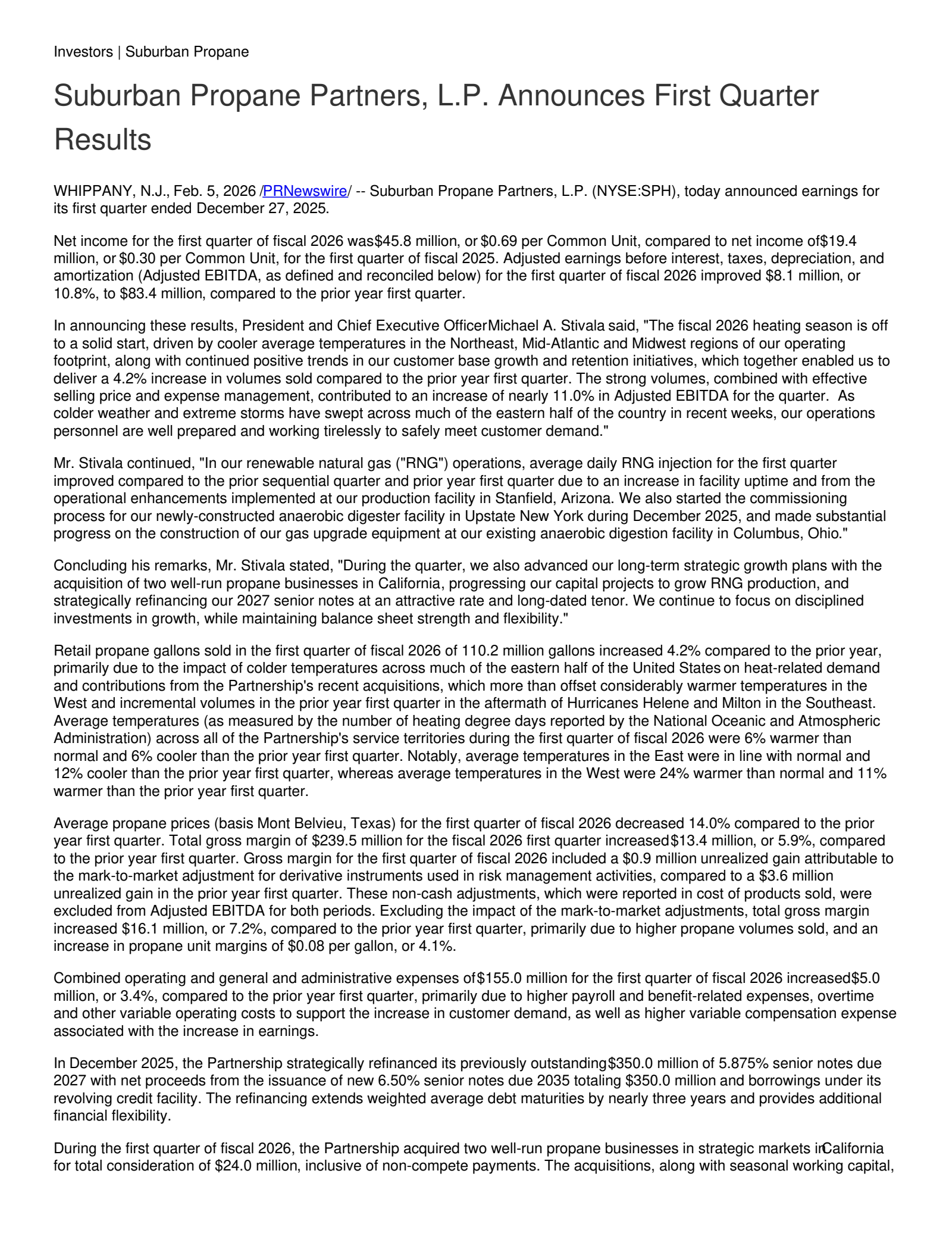 Suburban Propane Partners' Q1 2026 Press Release