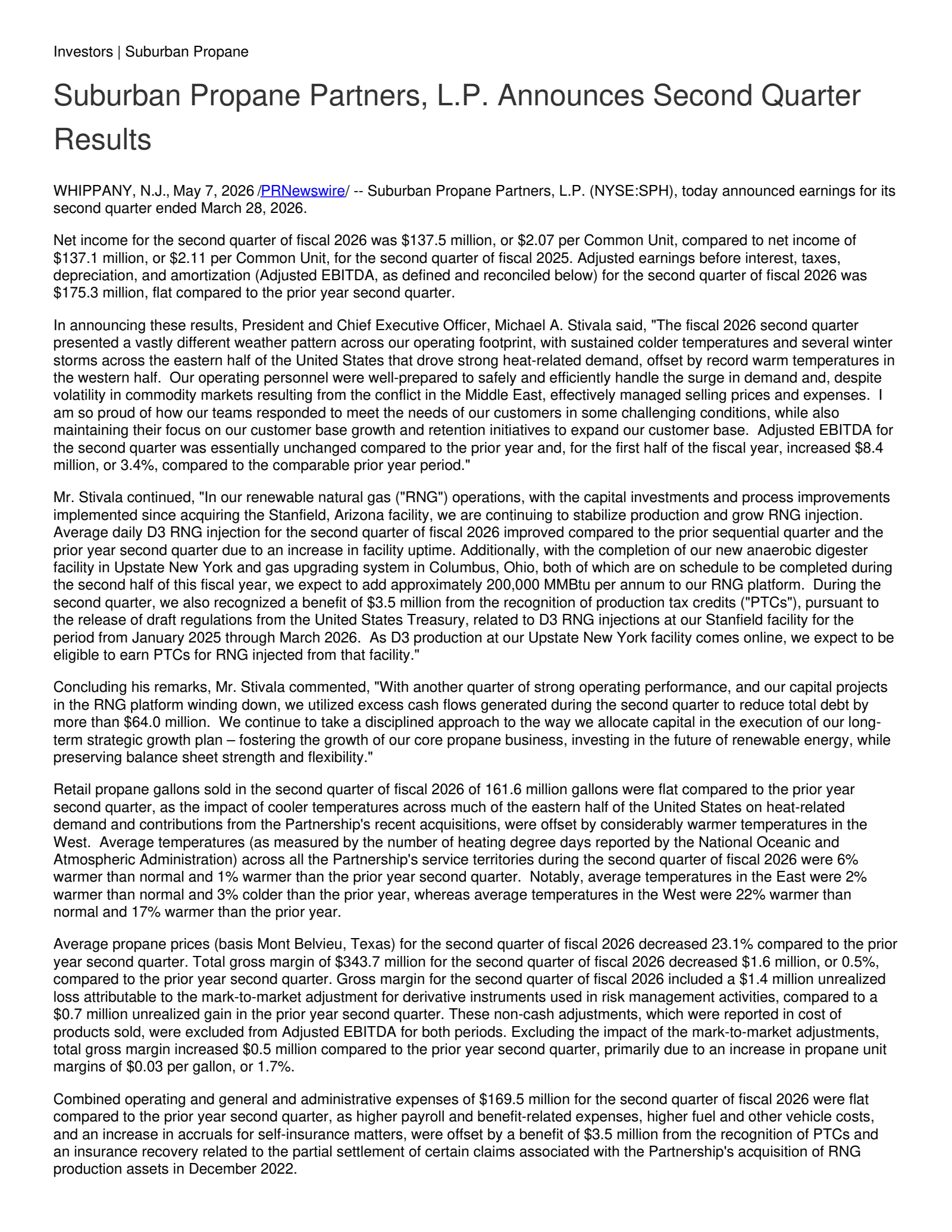 Suburban Propane Partners' Q2 2026 Press Release