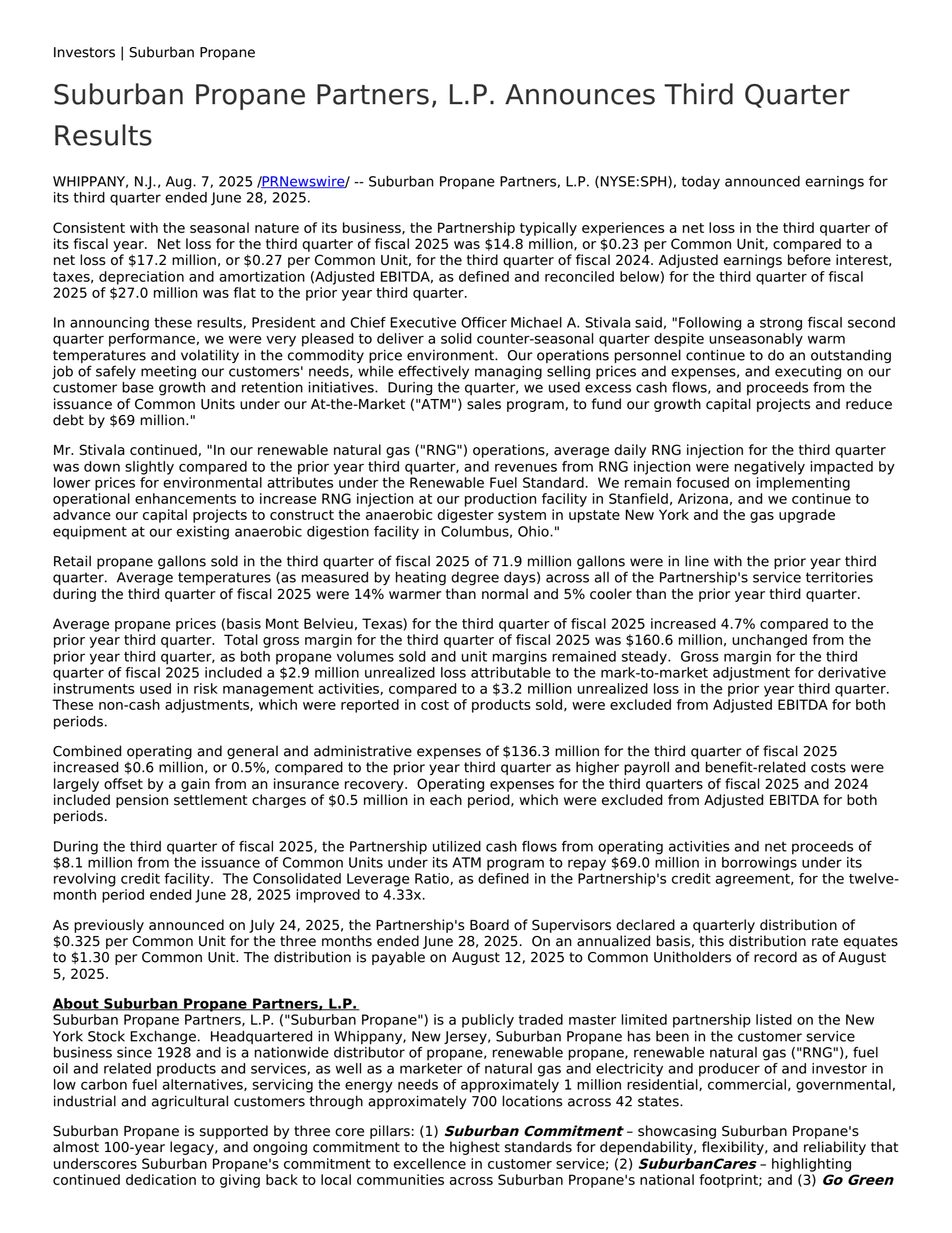 Suburban Propane Partners' Q3 2025 Press Release