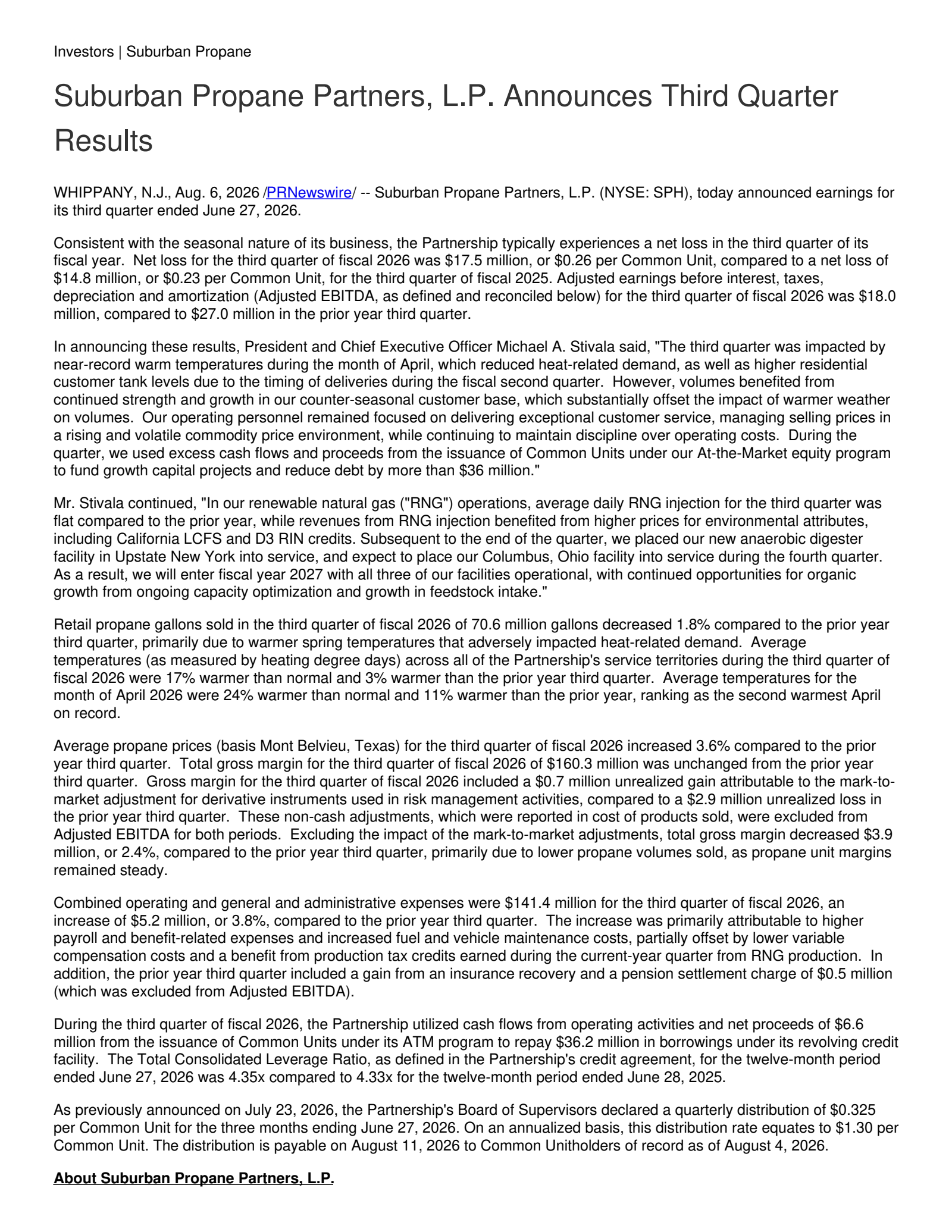 Suburban Propane Partners' Q3 2026 Press Release