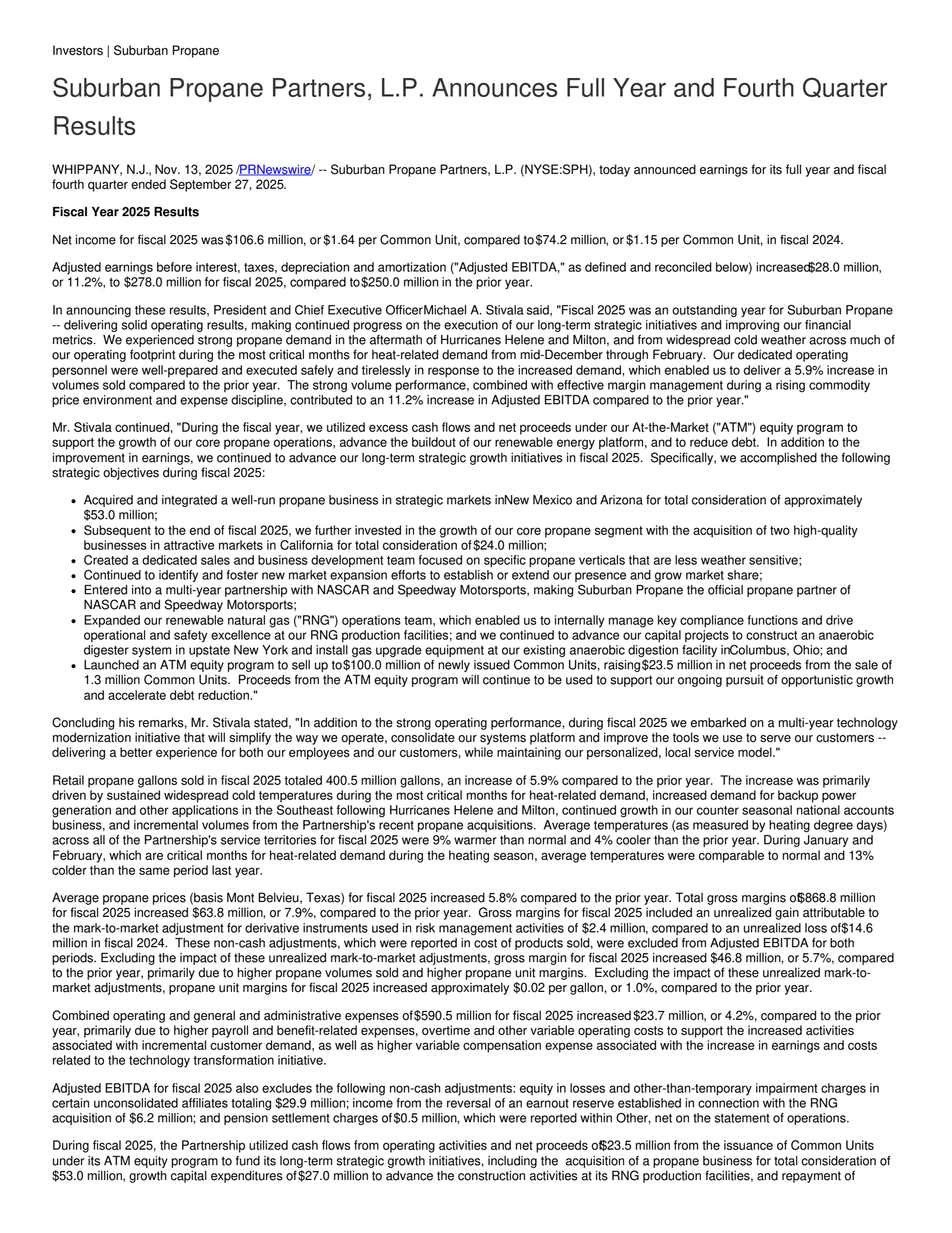 Suburban Propane Partners' Q4 2025 Earnings Release