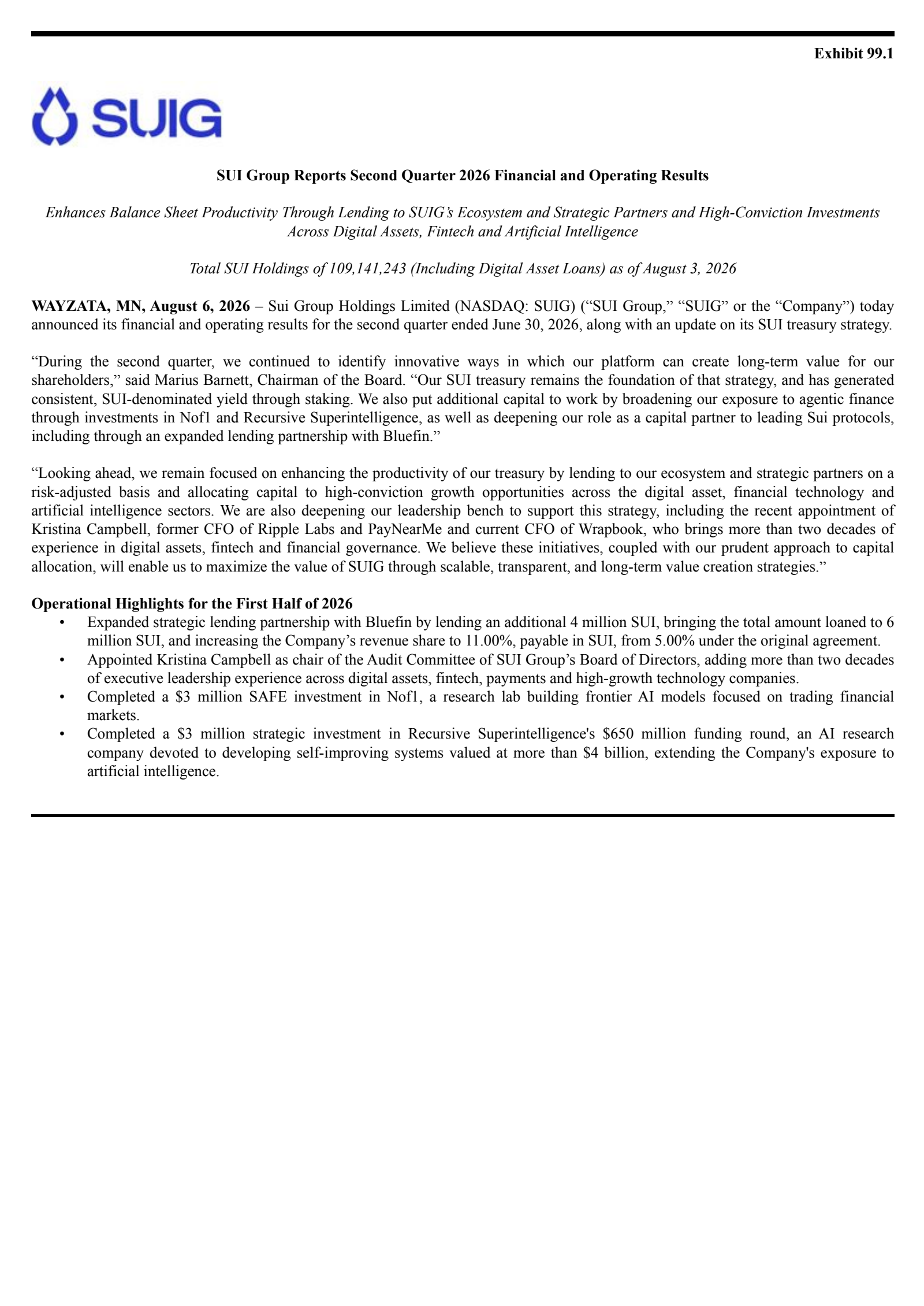 Sui Group's Q2 2026 Press Release
