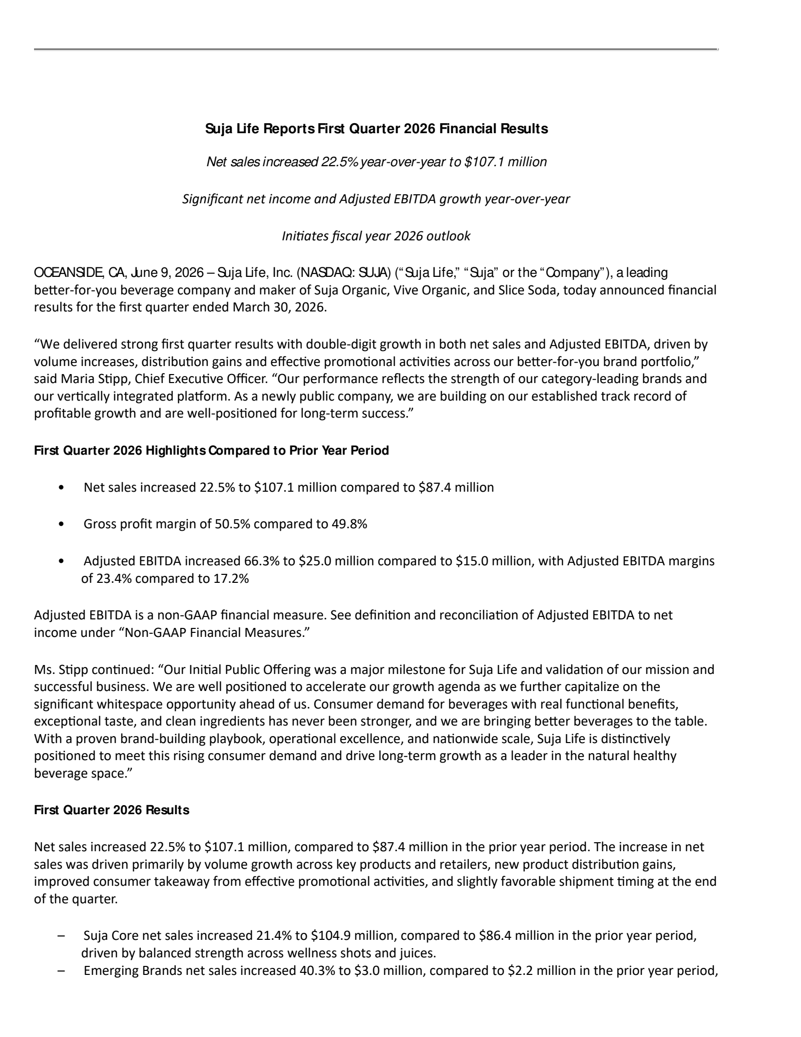 Suja Life's Q1 2026 Press Release