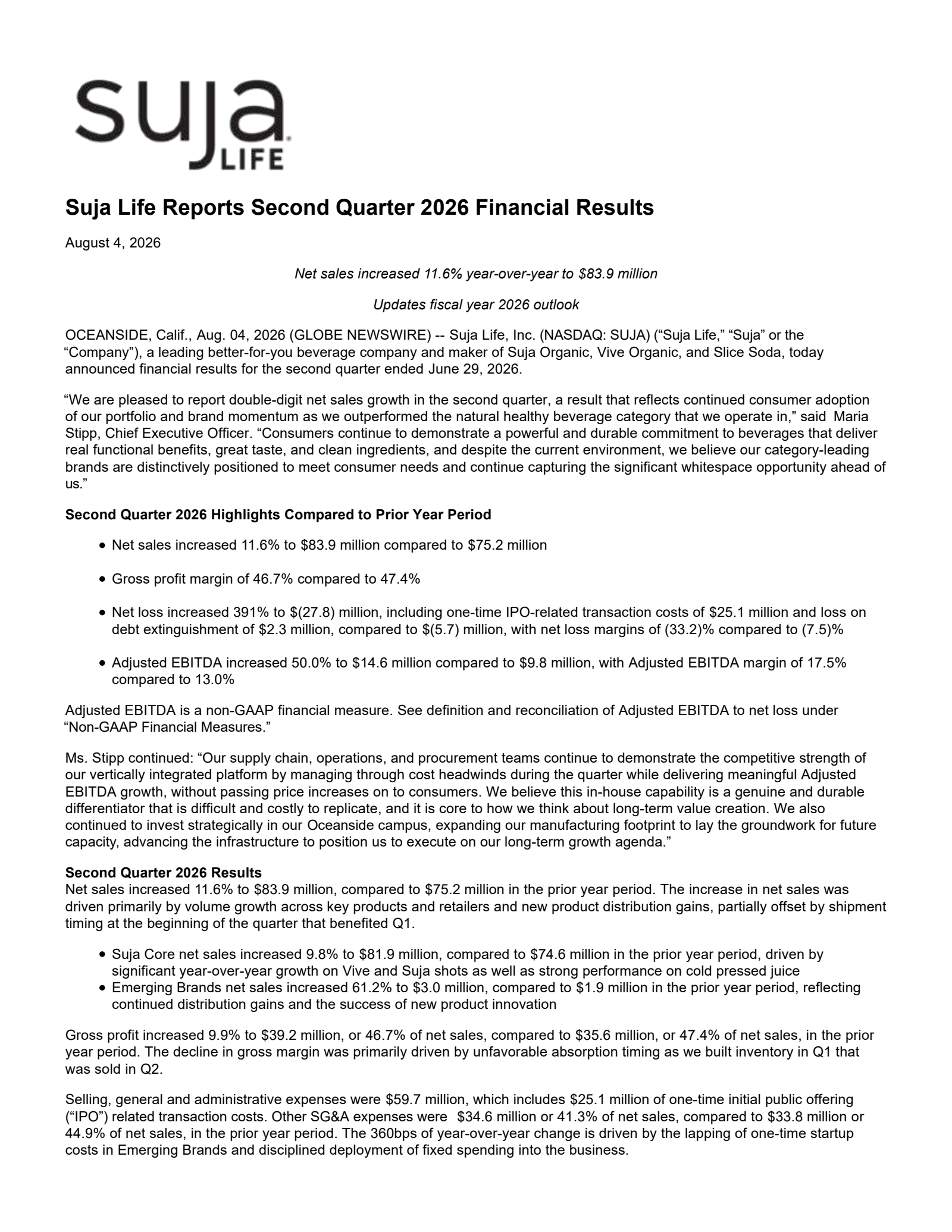 Suja Life's Q2 2026 Press Release