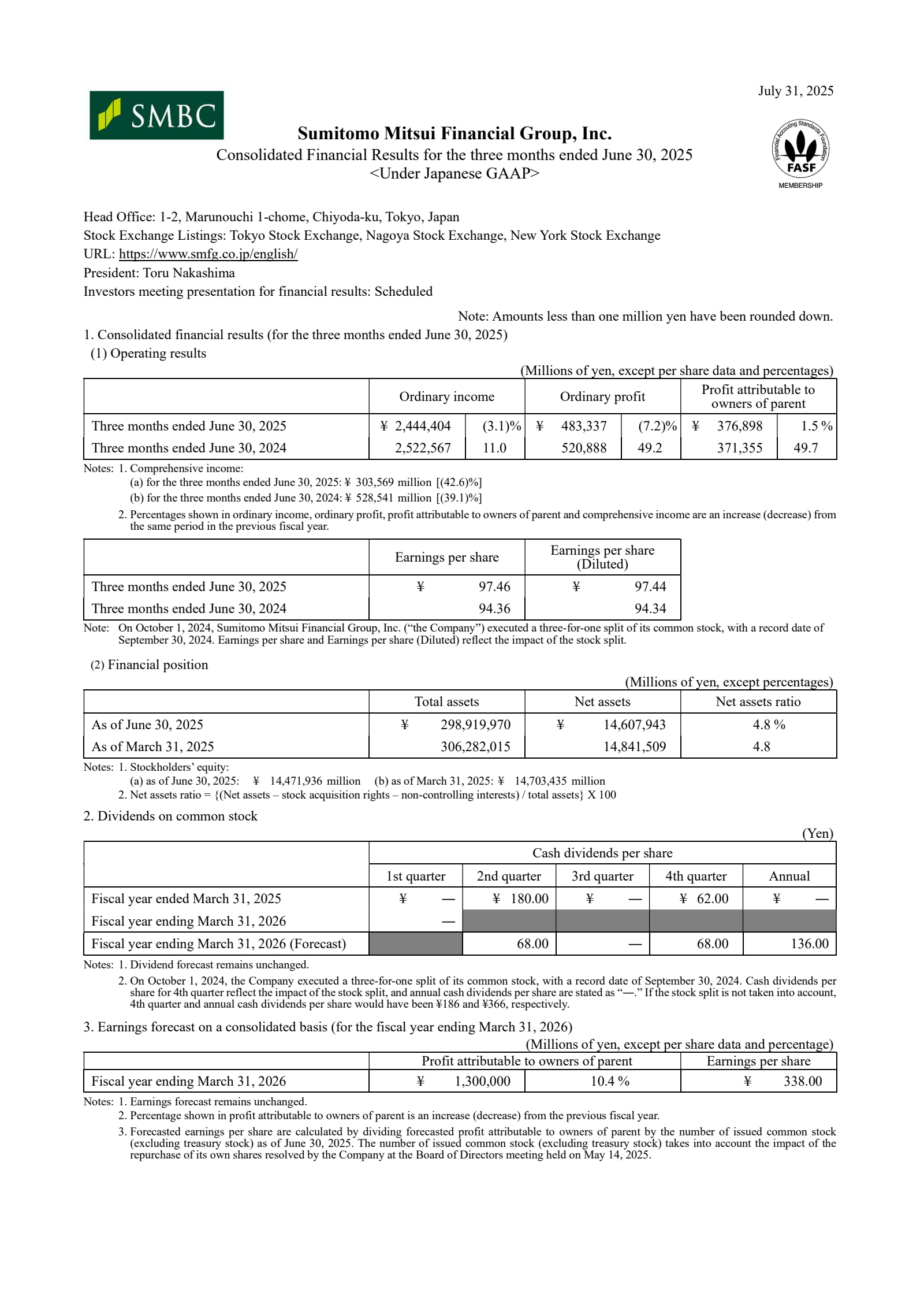 Sumitomo Mitsui Financial Group's Q1 2026 Interim report