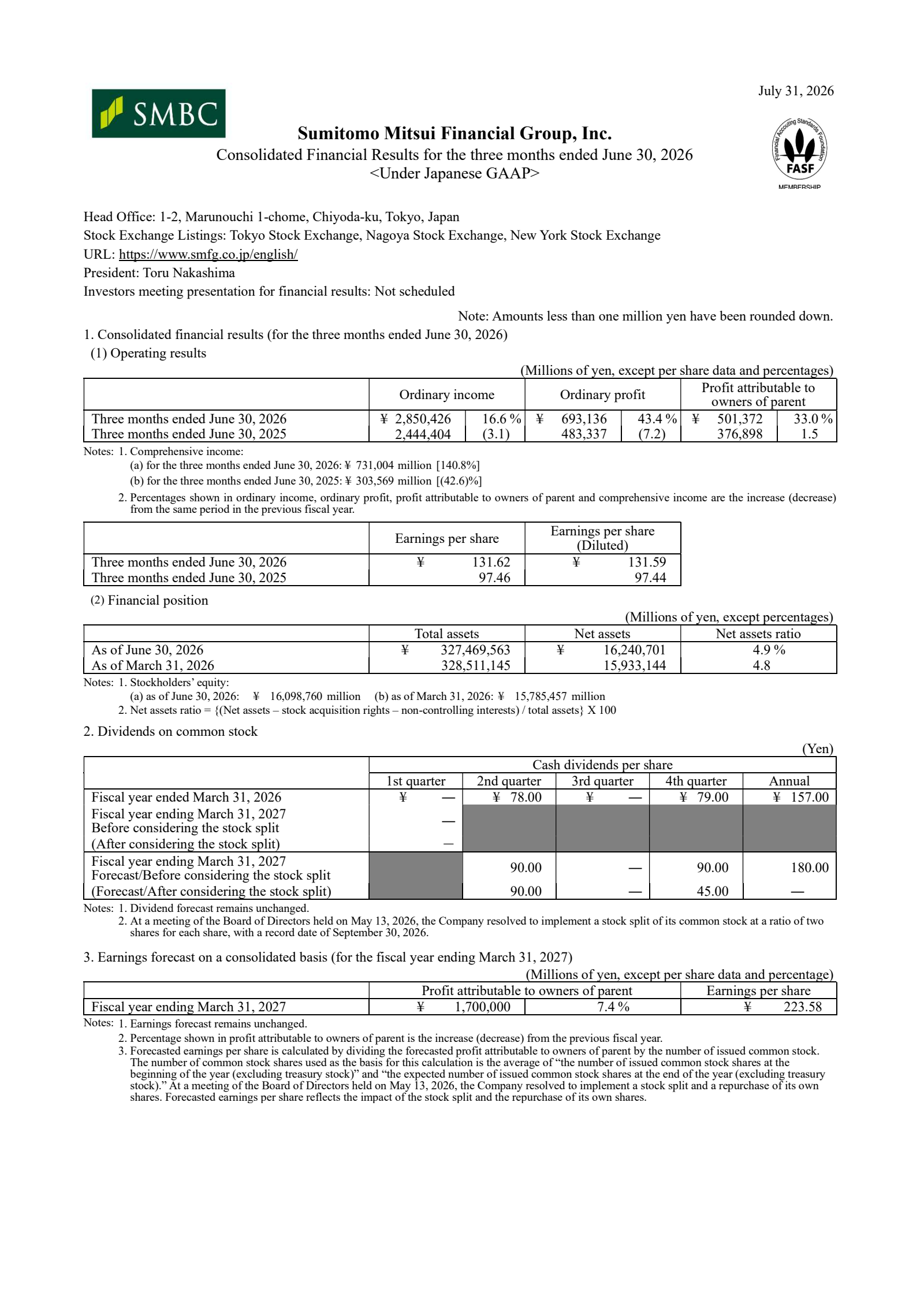 Sumitomo Mitsui Financial Group's Q1 2027 Interim report