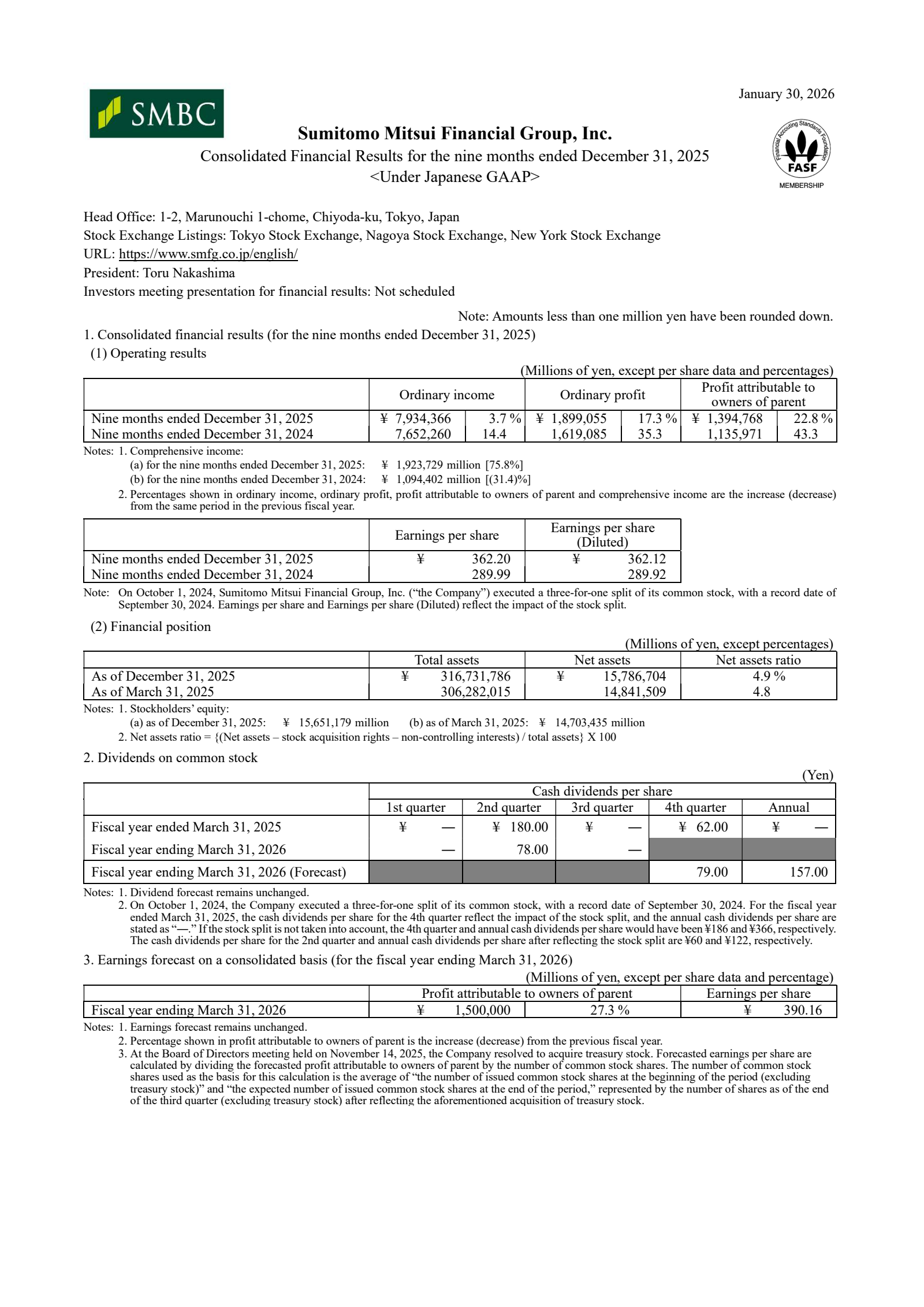 Sumitomo Mitsui Financial Group's Q3 2026 Interim report