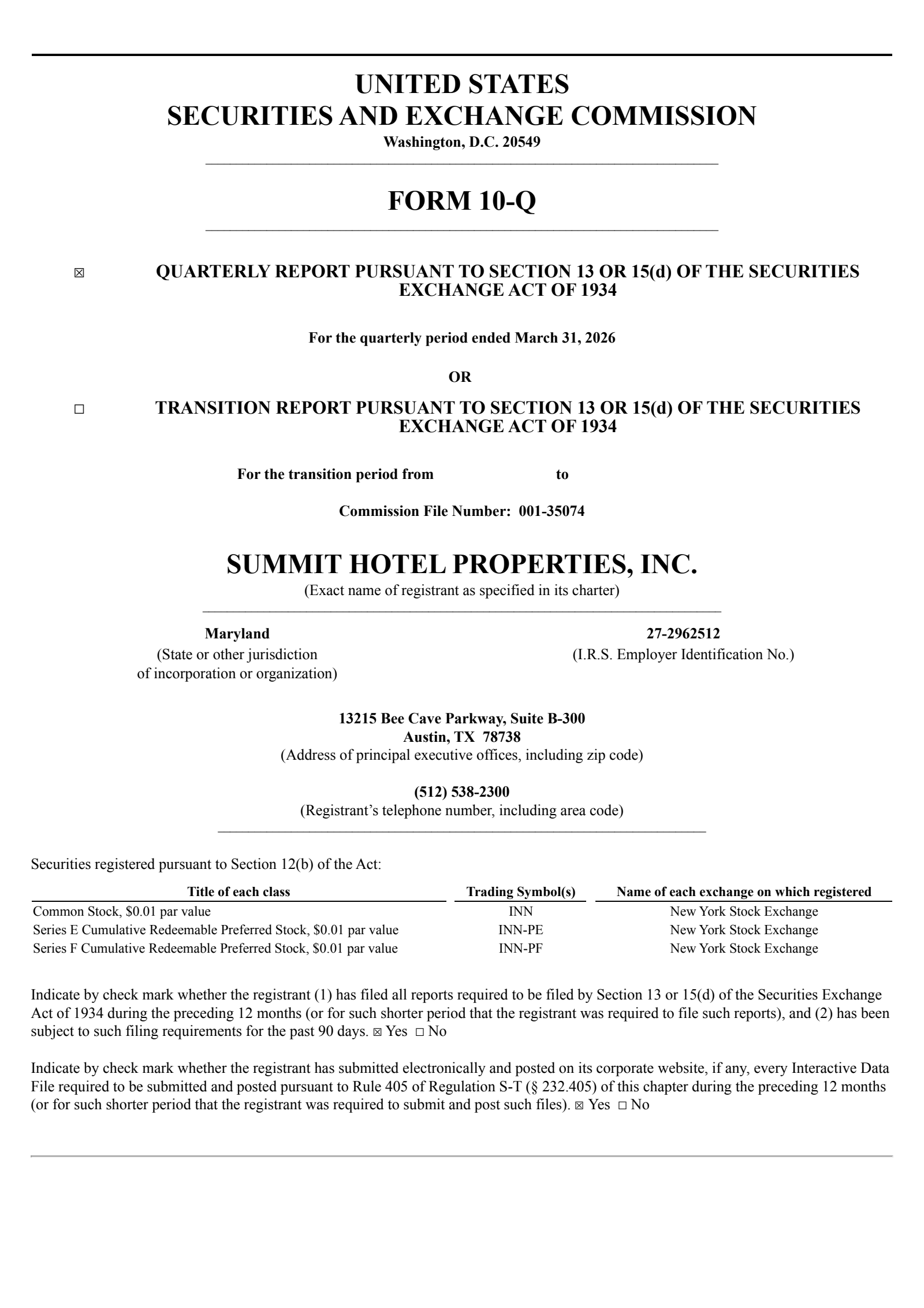 Summit Hotel Properties' Q1 2026 Quarterly report