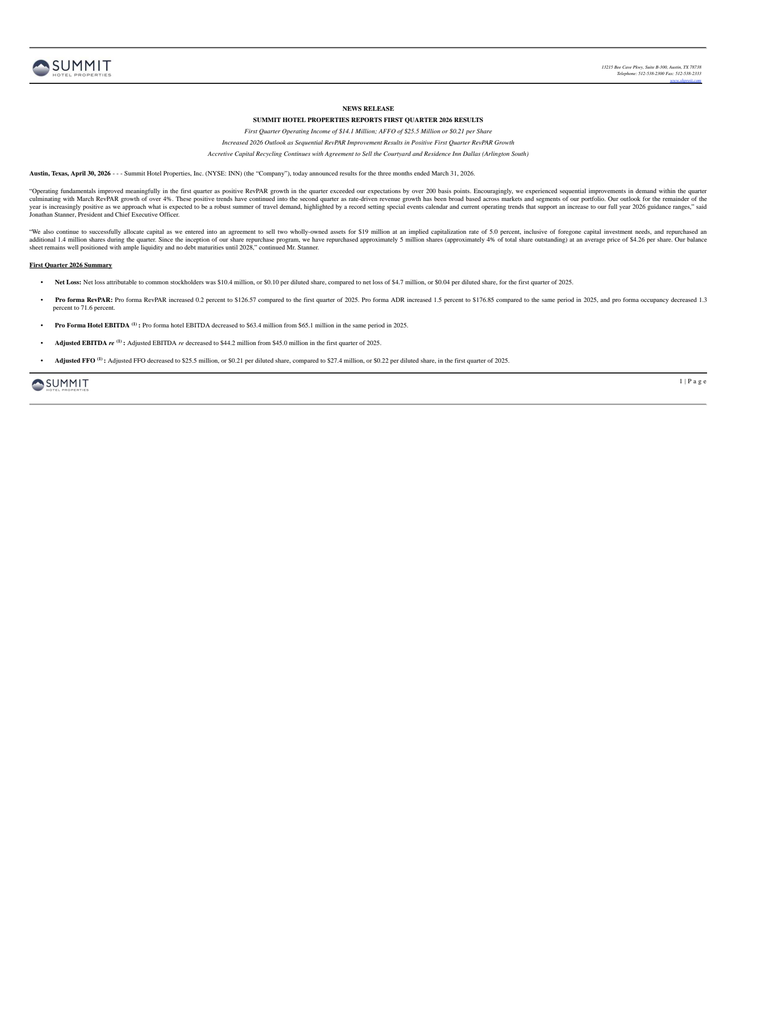 Summit Hotel Properties' Q1 2026 Press Release