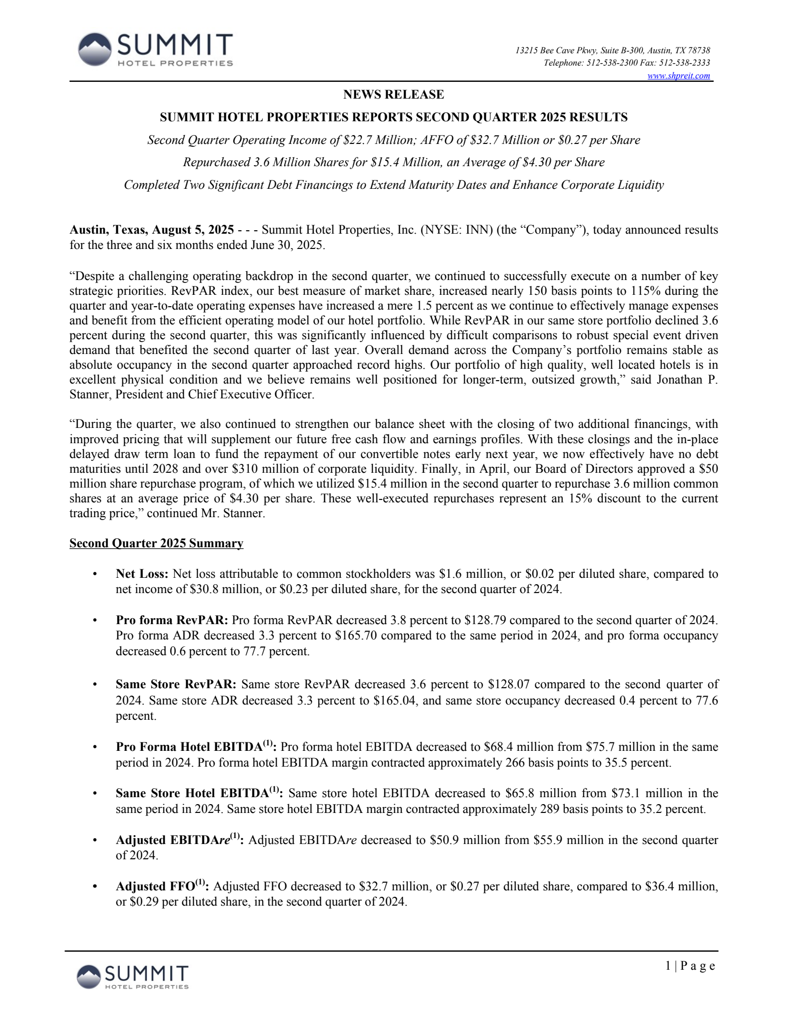 Summit Hotel Properties' Q2 2025 Press Release