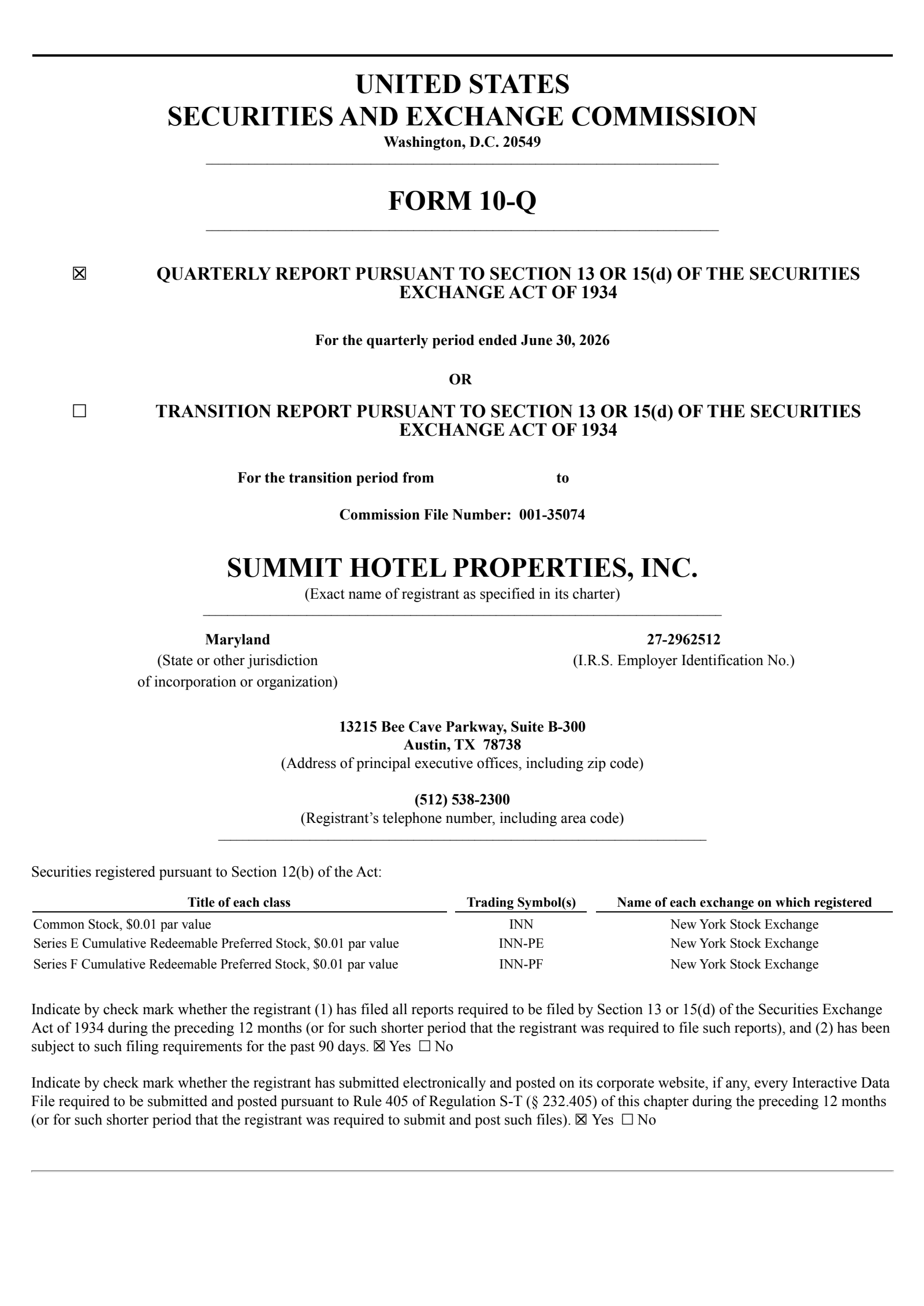 Summit Hotel Properties' Q2 2026 Quarterly report