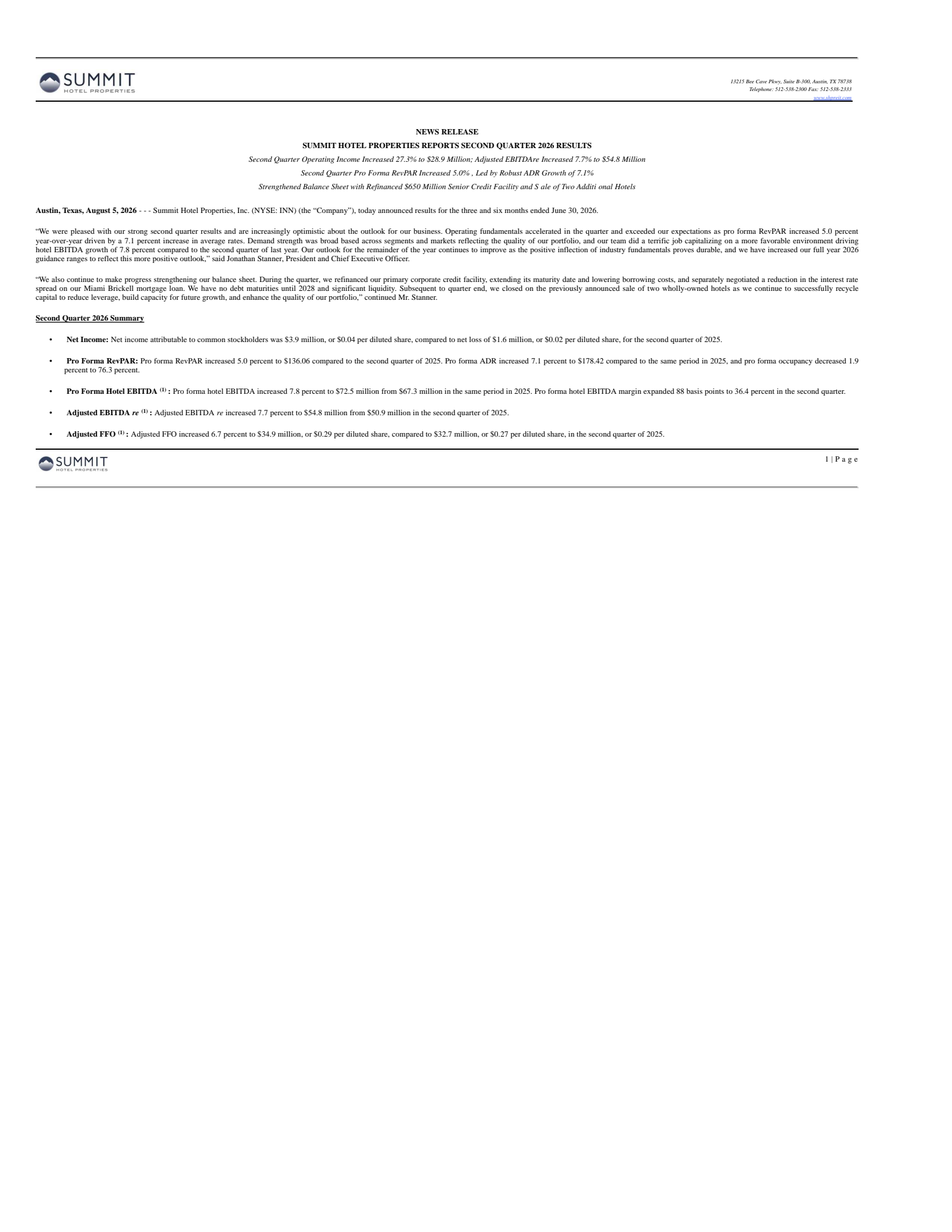 Summit Hotel Properties' Q2 2026 Press Release