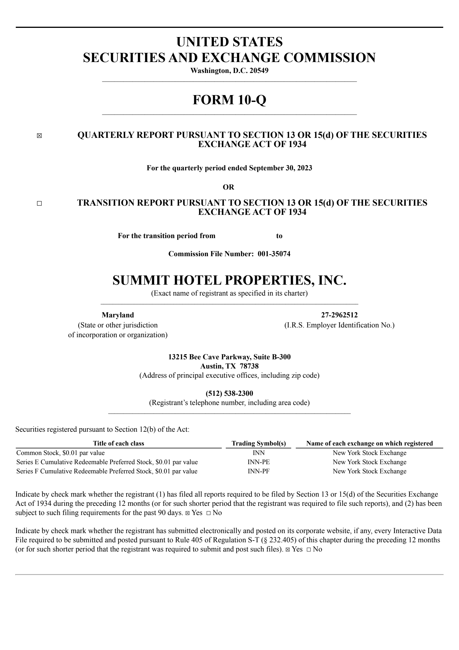 Summit Hotel Properties' Q3 2023 Quarterly report
