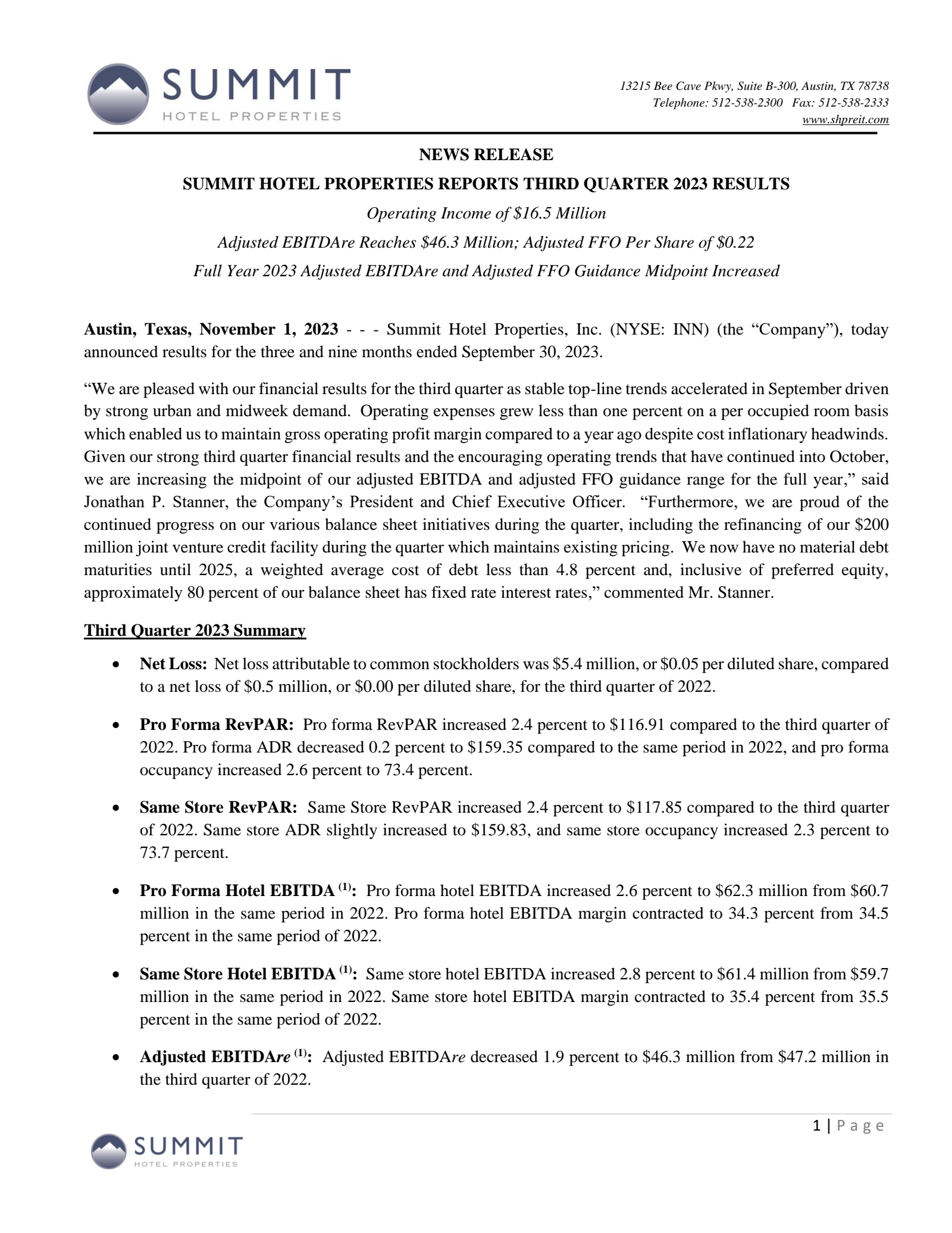Summit Hotel Properties' Q3 2023 Press Release