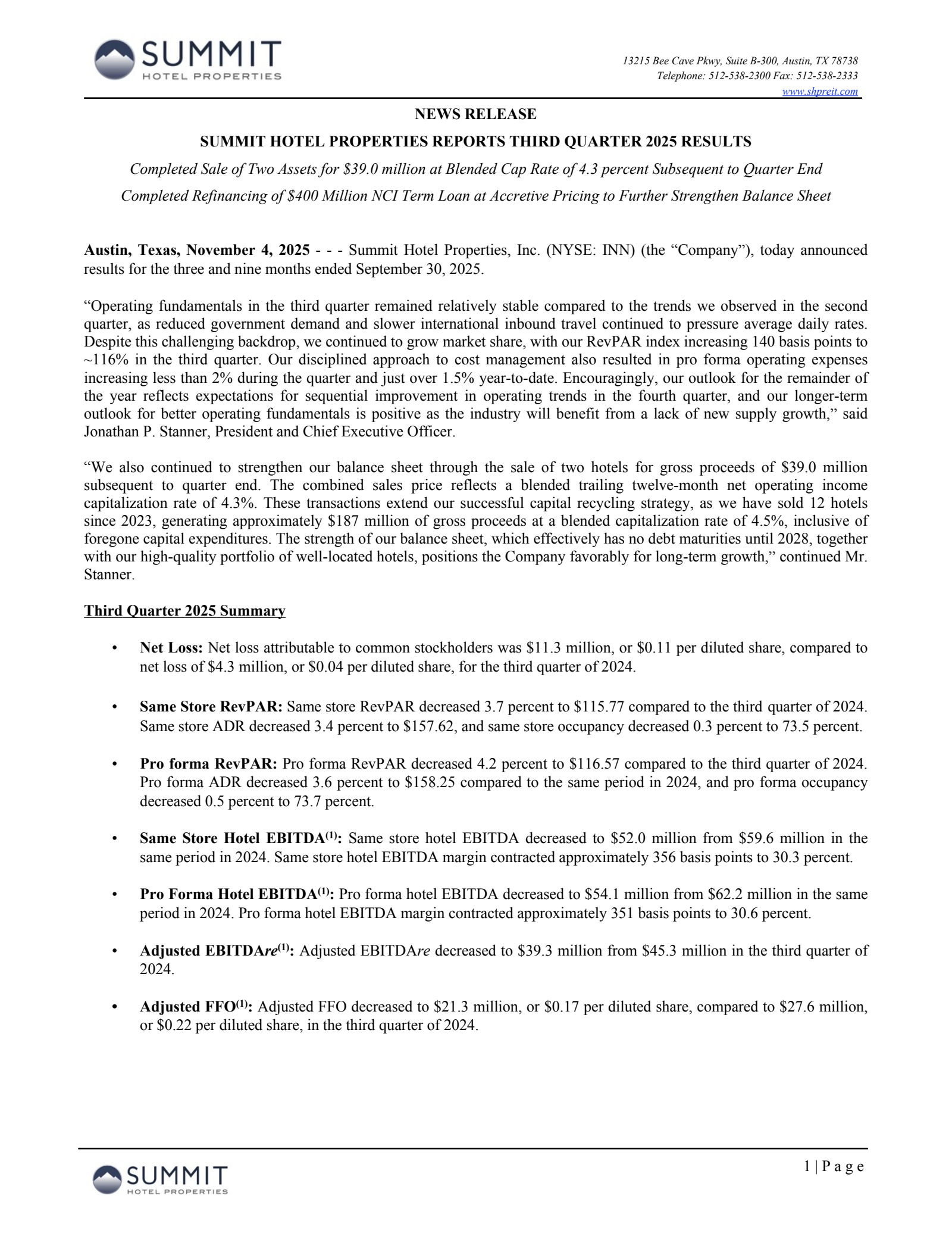 Summit Hotel Properties' Q3 2025 Earnings Release