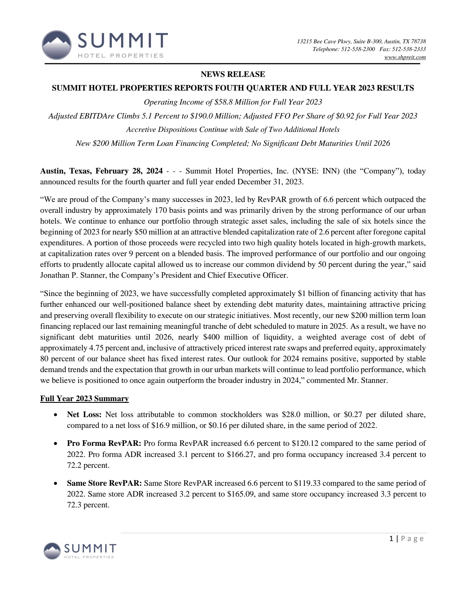Summit Hotel Properties' Q4 2023 Press Release