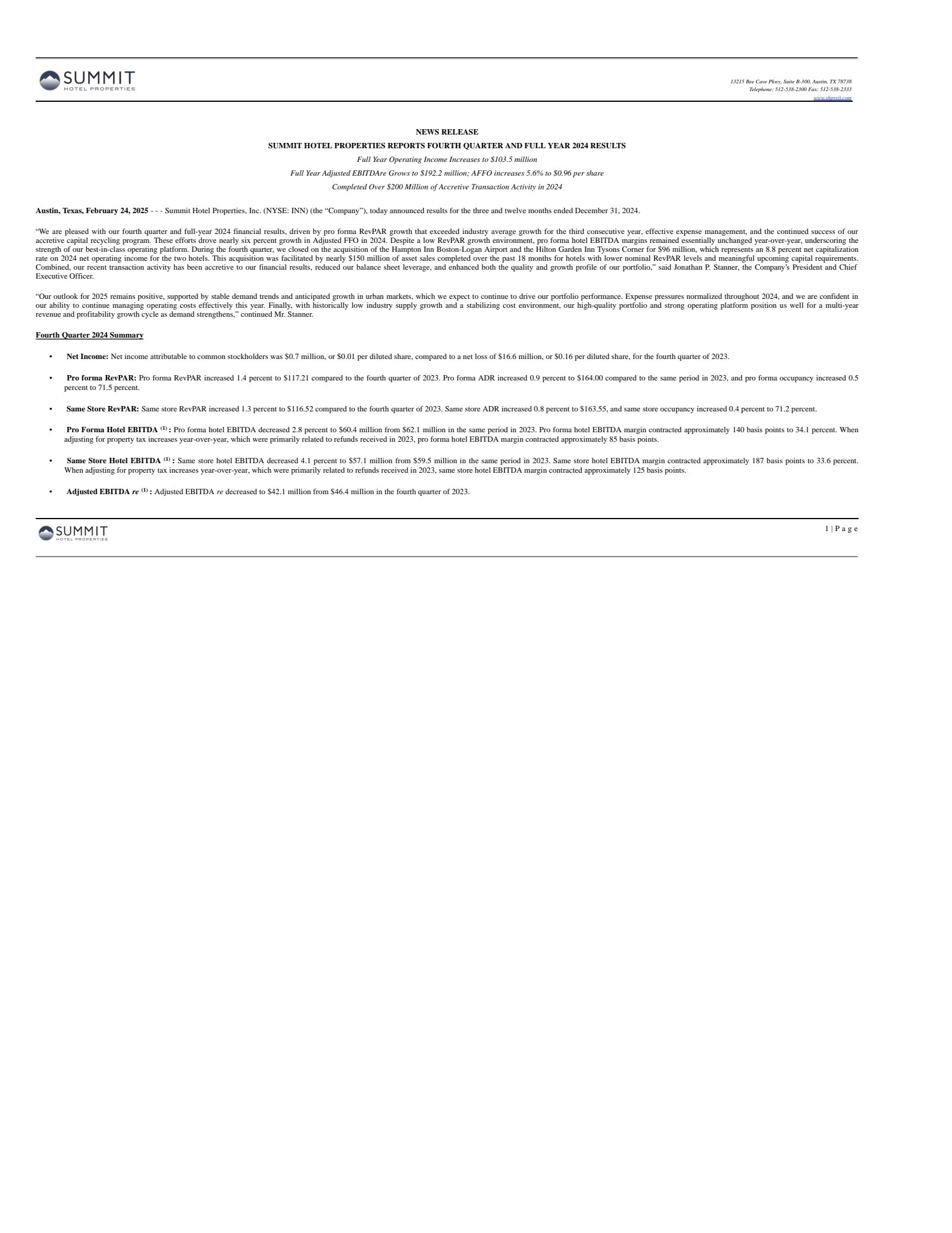 Summit Hotel Properties' Q4 2024 Press Release