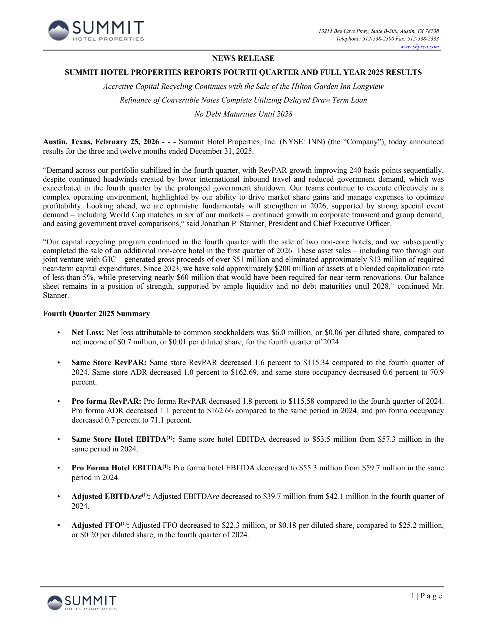 Summit Hotel Properties' Q4 2025 Press Release