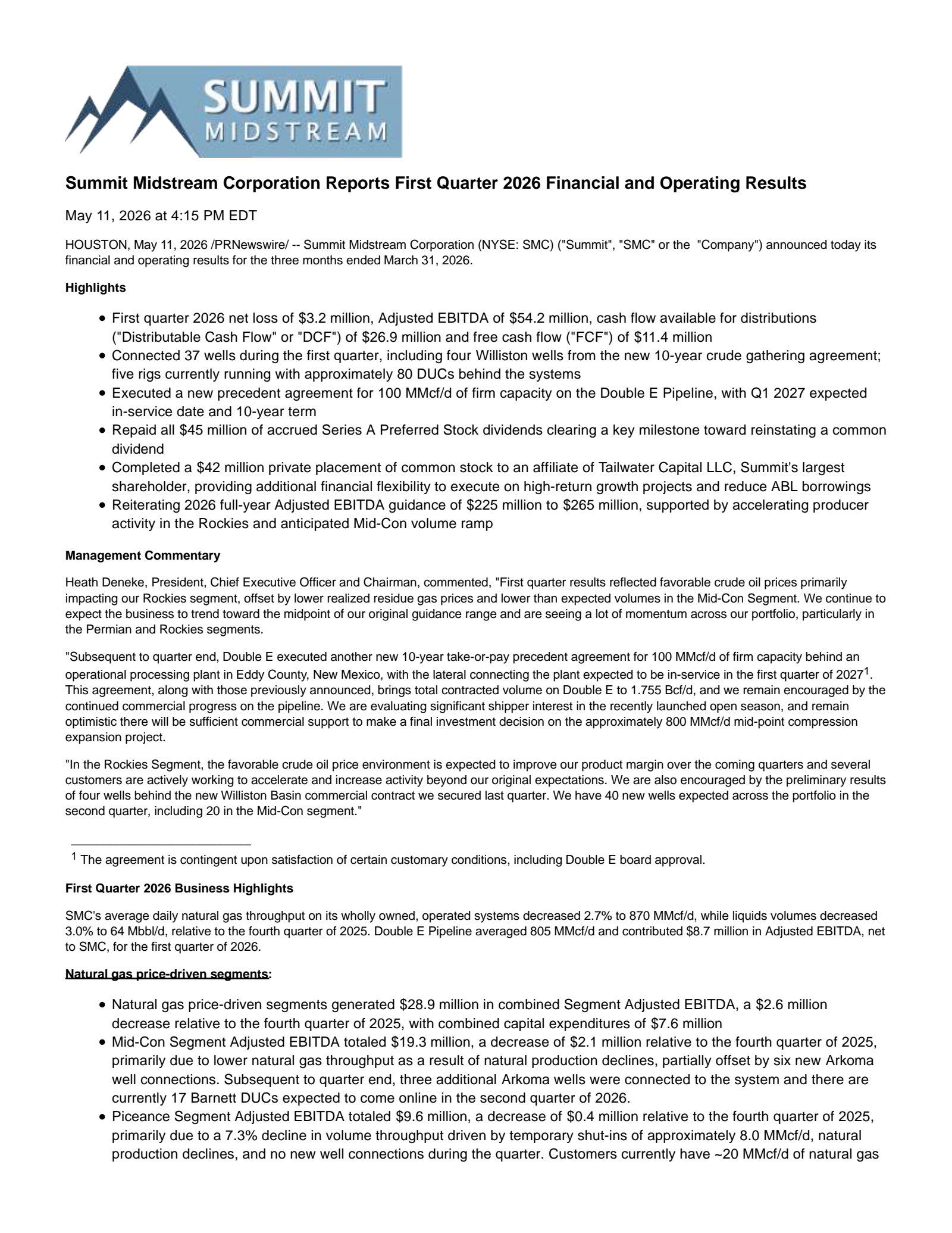 Summit Midstream Partners' Q1 2026 Press Release