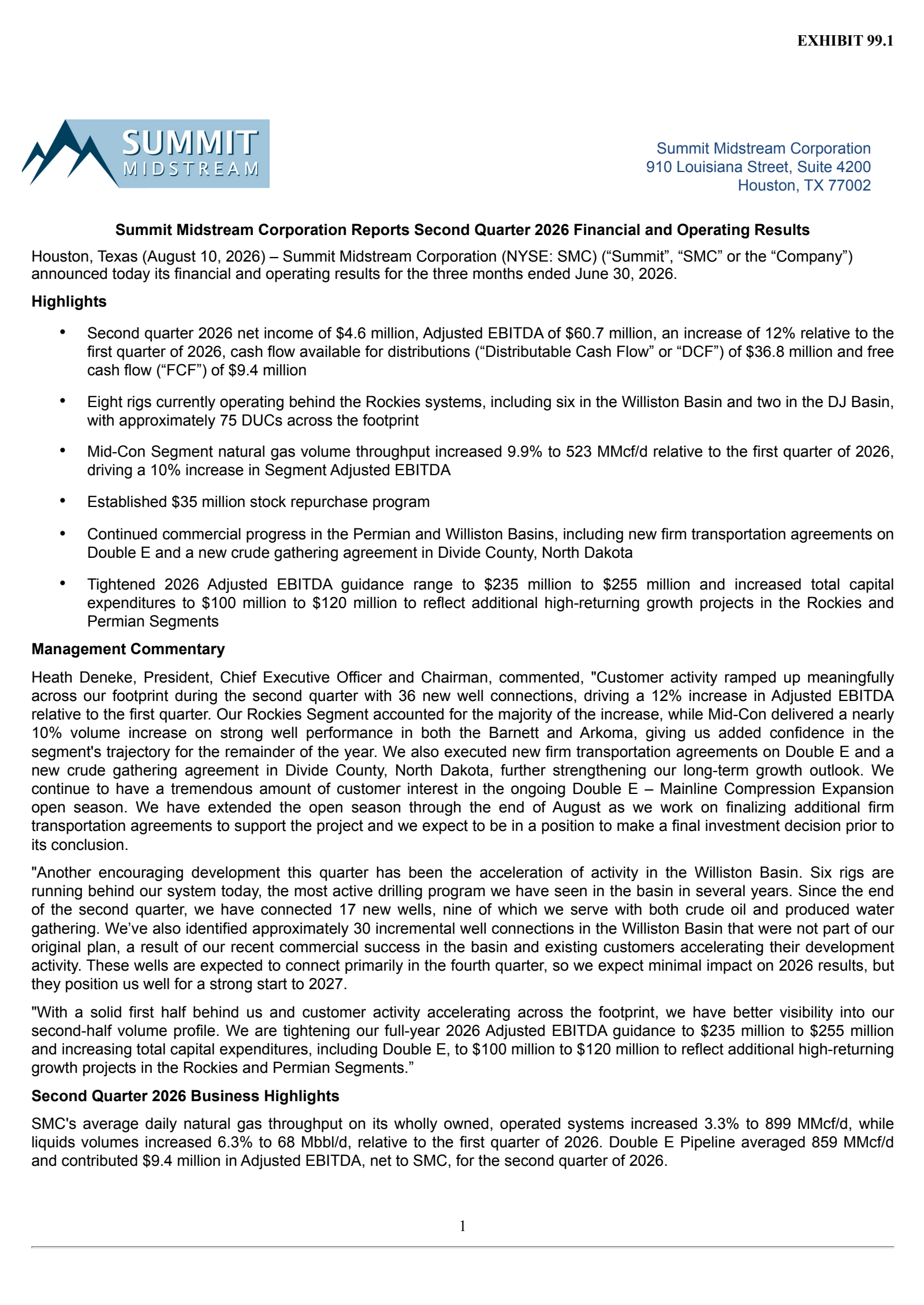 Summit Midstream Partners' Q2 2026 Press Release