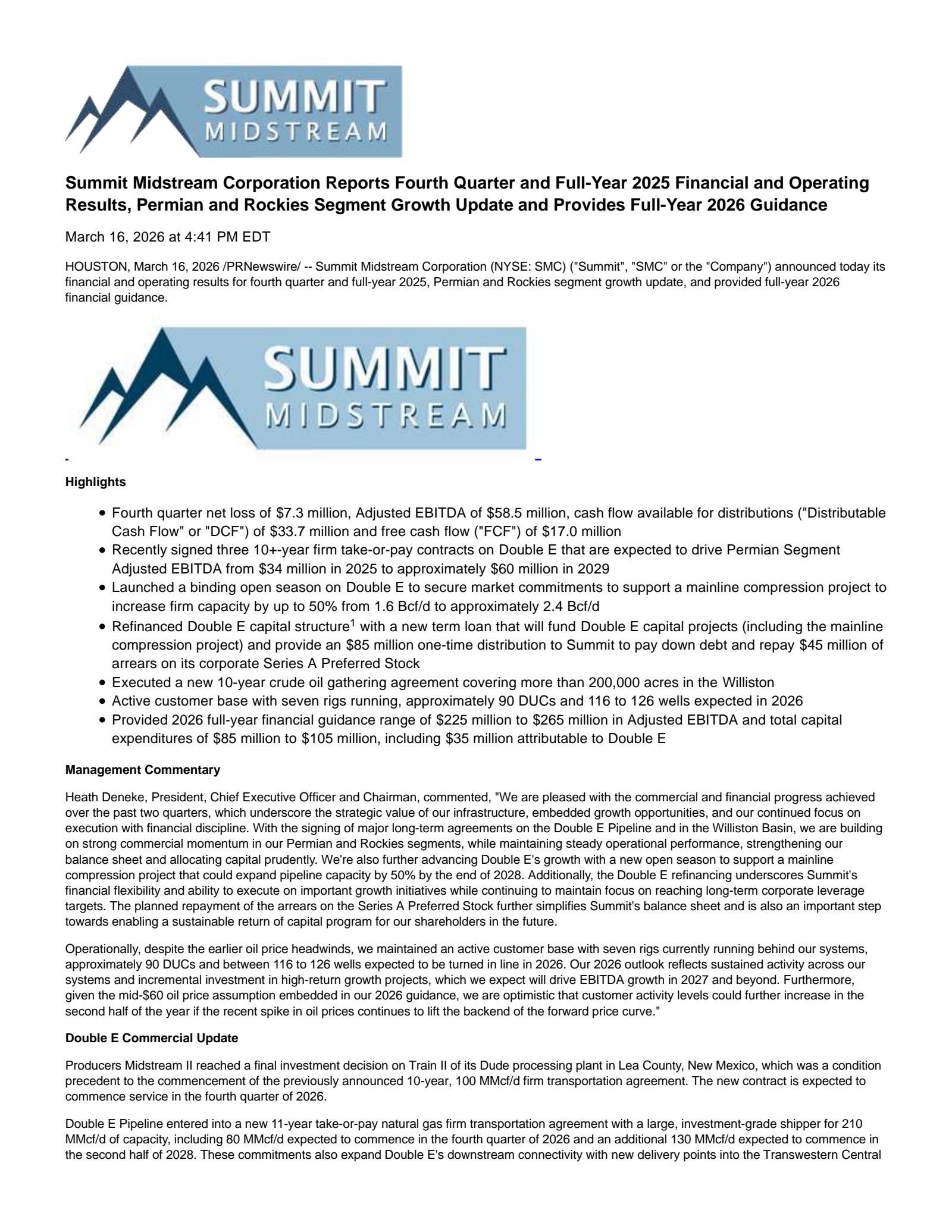 Summit Midstream Partners' Q4 2025 Press Release