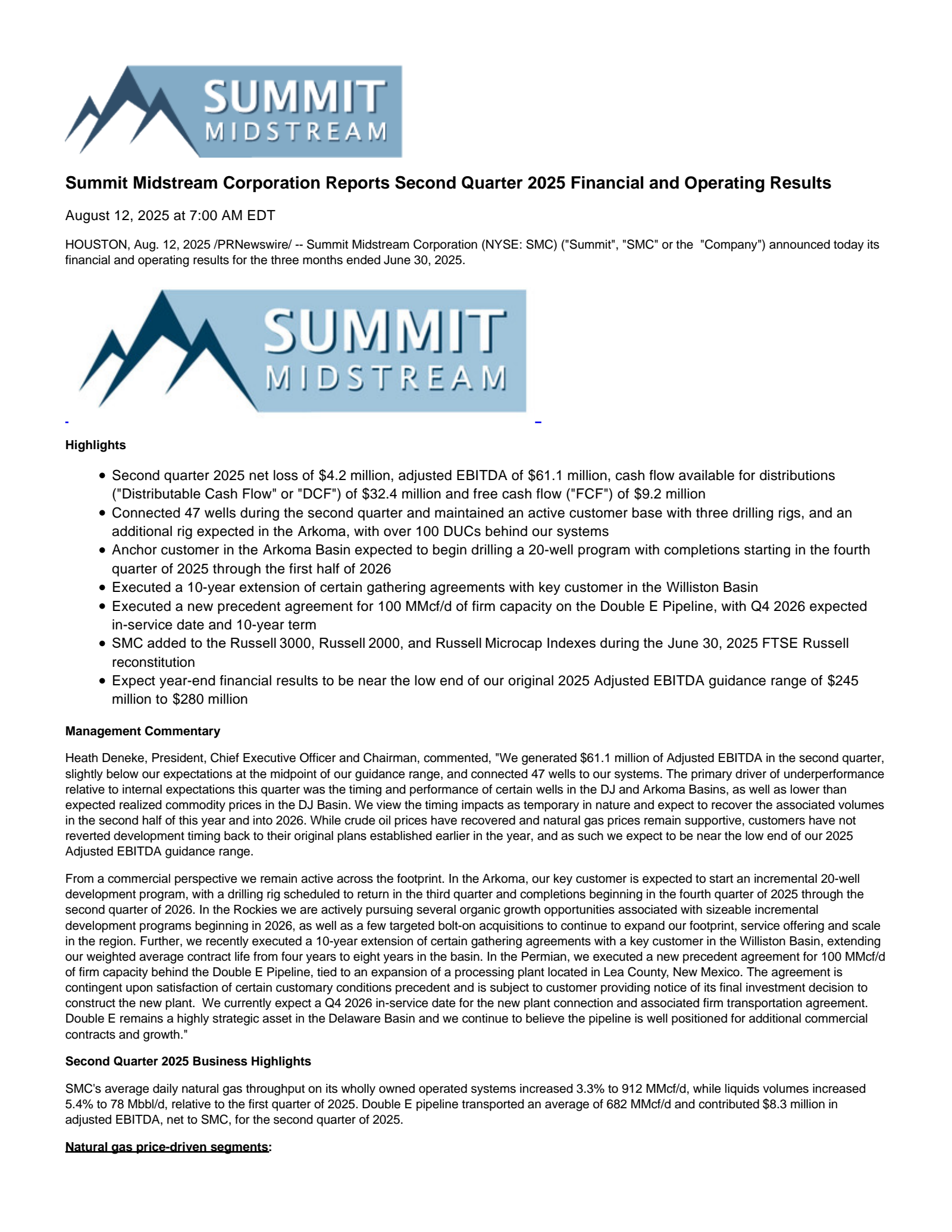 Summit Midstream Partners' Q2 2025 Press Release