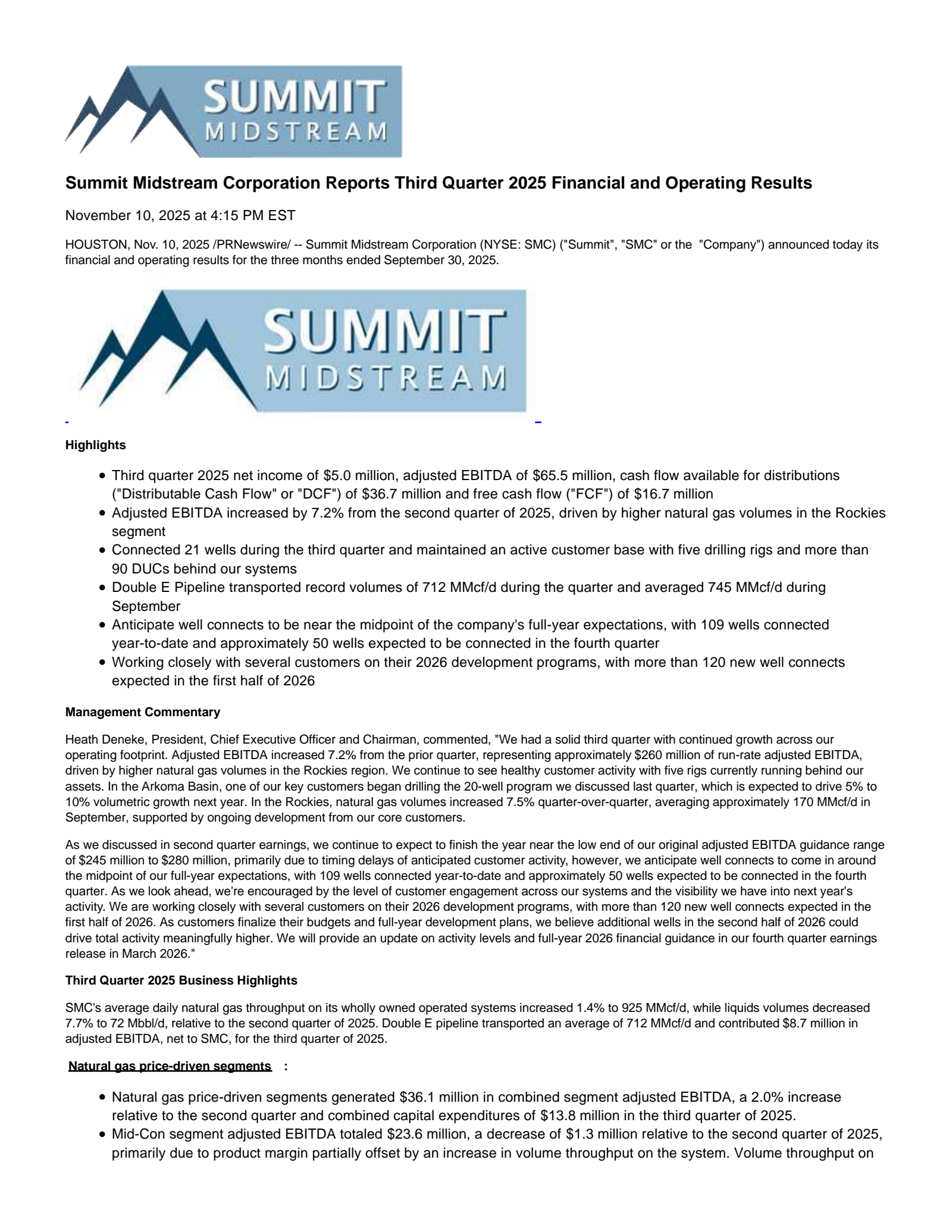 Summit Midstream Partners' Q3 2025 Earnings Release