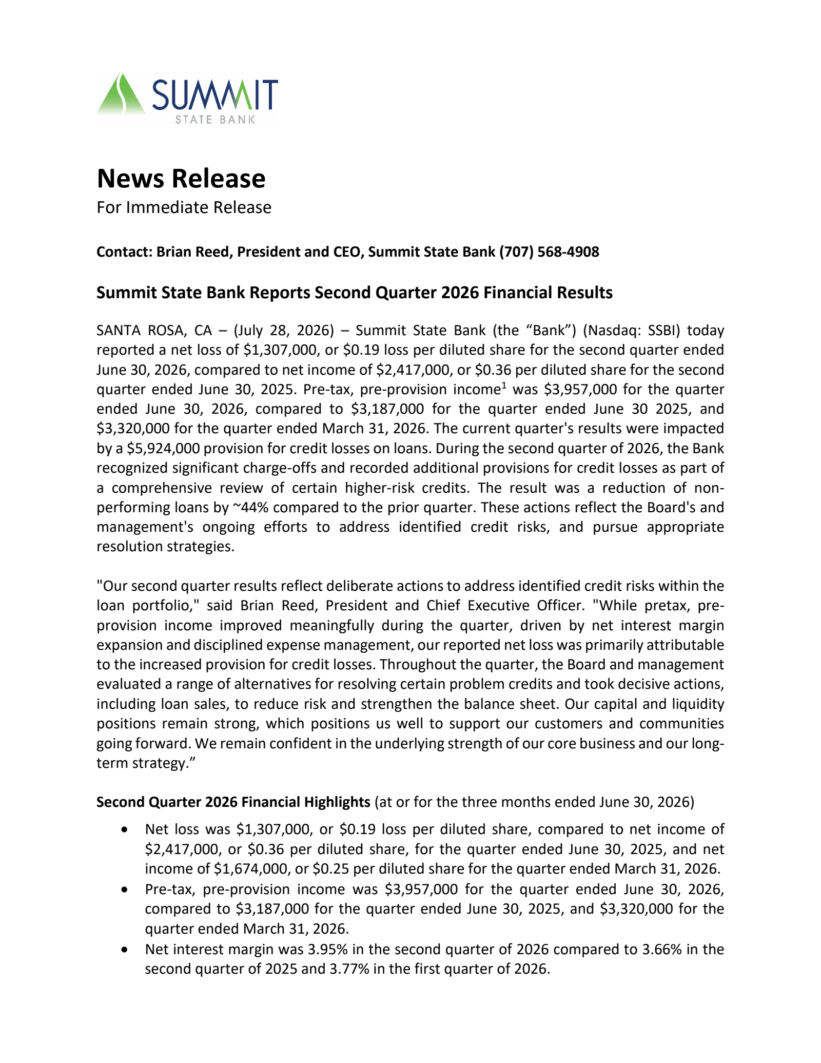 Summit State Bank's Q2 2026 Press Release