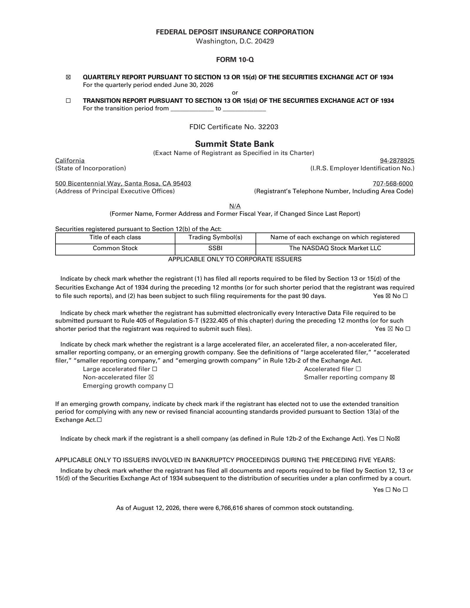 Summit State Bank's Q2 2026 Quarterly report