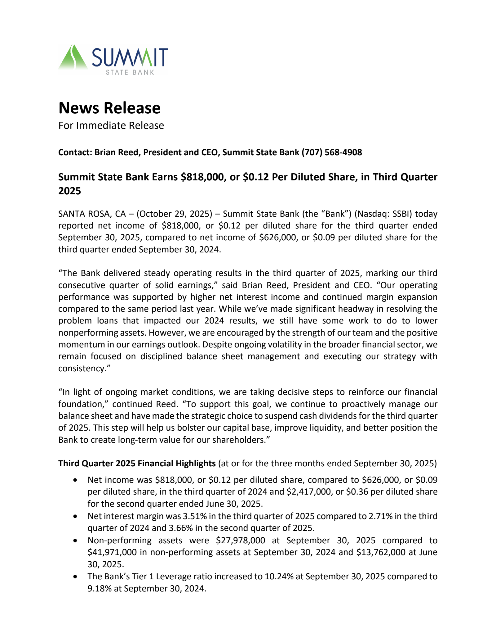 Summit State Bank's Q3 2025 Earnings Release