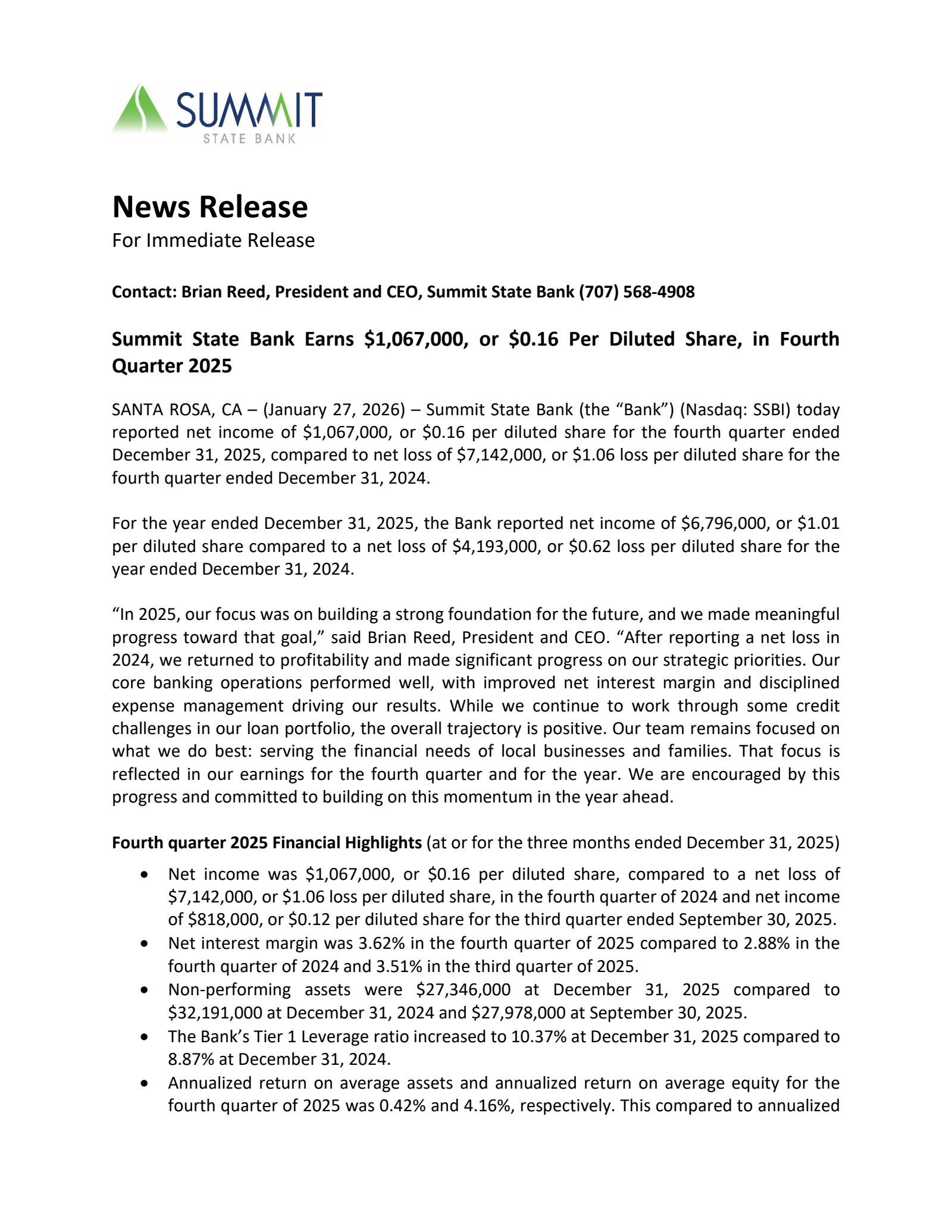 Summit State Bank's Q4 2025 Press Release
