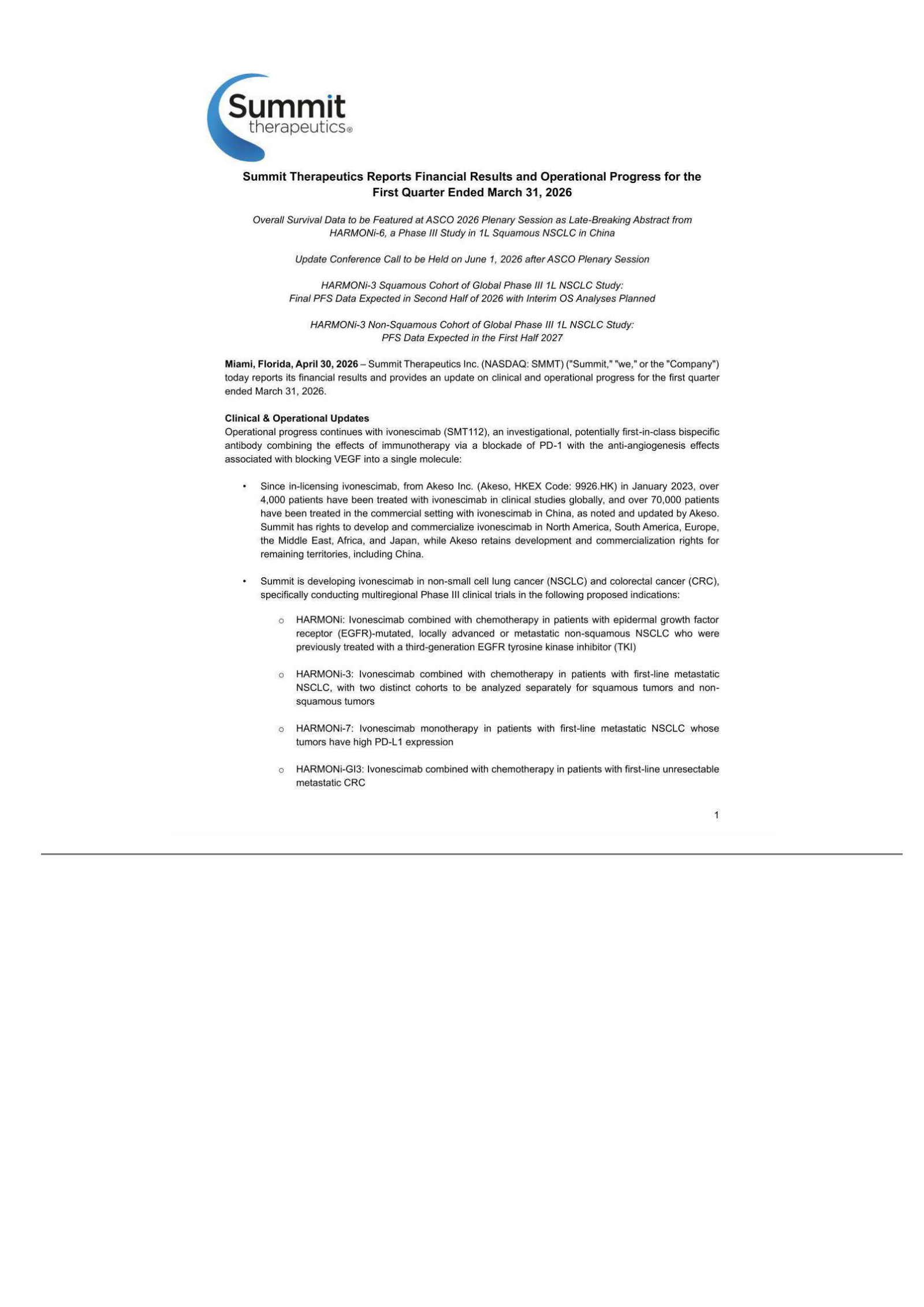 Summit Therapeutics' Q1 2026 Press Release