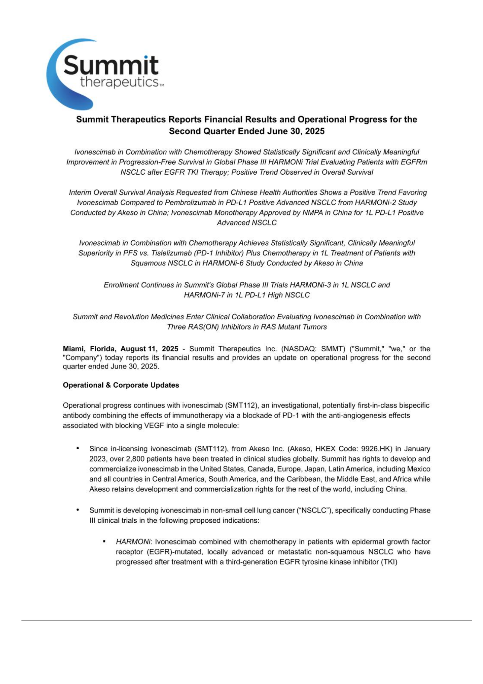 Summit Therapeutics' Q2 2025 Press Release