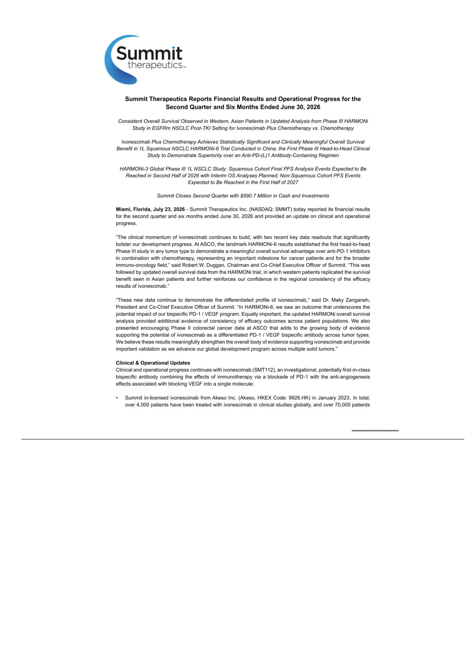 Summit Therapeutics' Q2 2026 Press Release