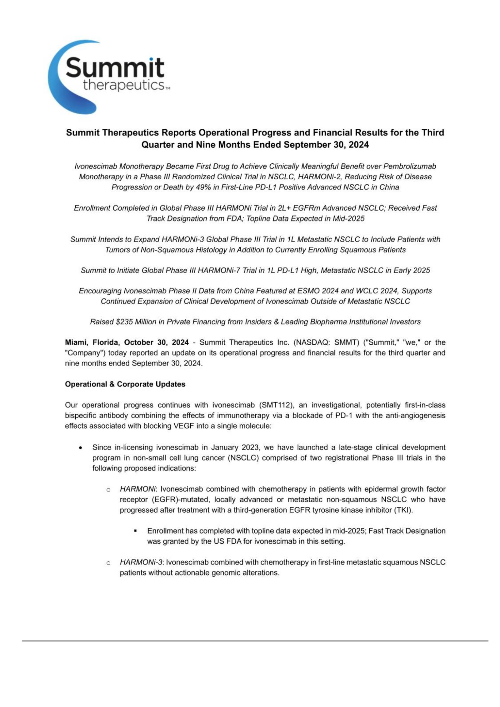 Summit Therapeutics' Q3 2024 Press Release
